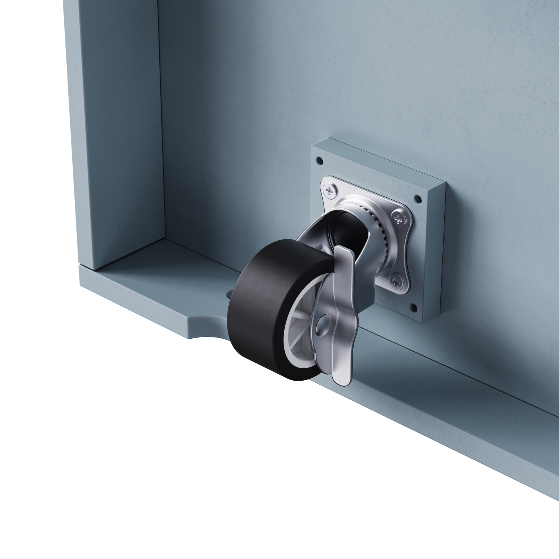 Close-up detail of Maui gray blue rolling kitchen island featuring locking caster wheel for smooth mobility and stable positioning