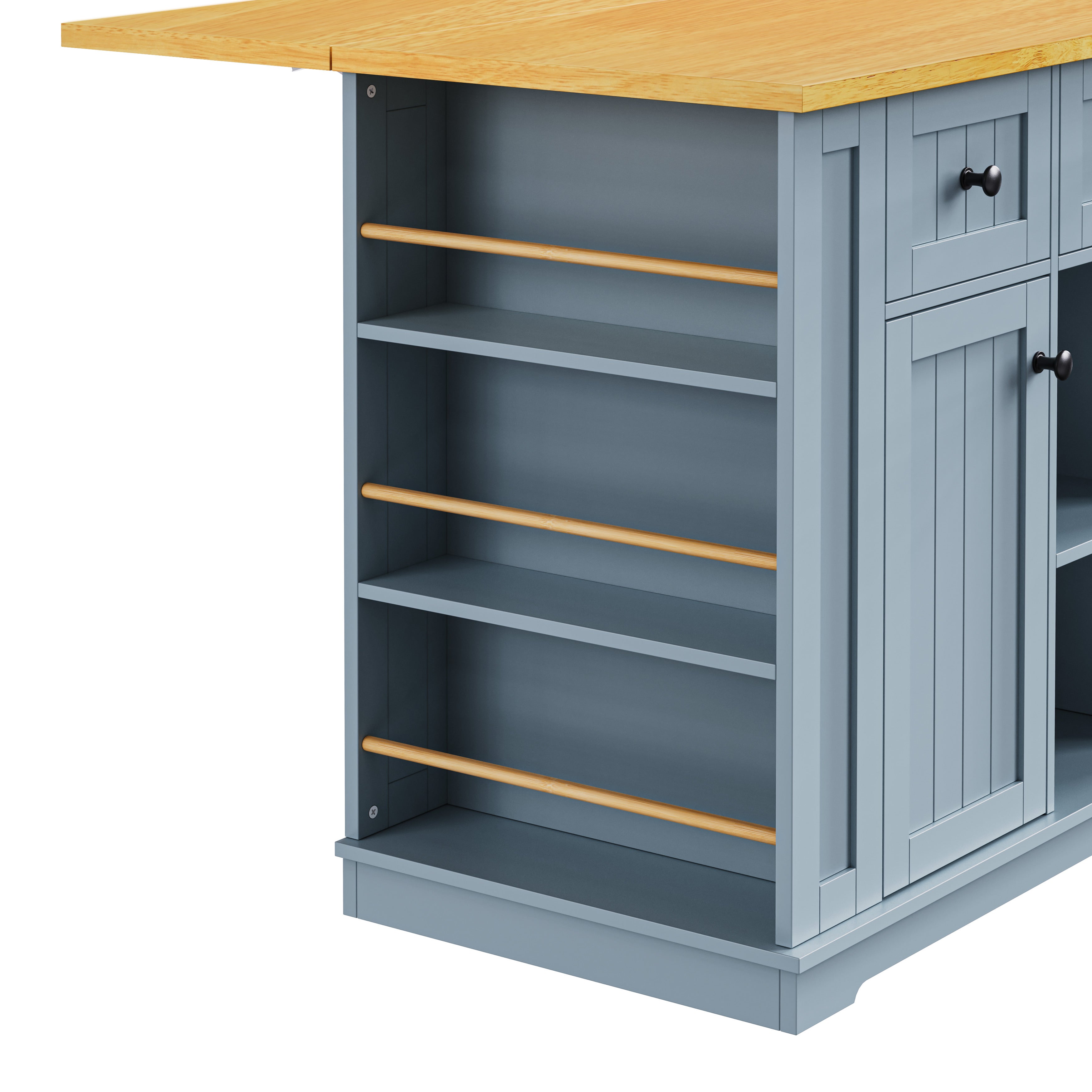 Close-up of Maui gray blue rolling kitchen island featuring open side storage shelves with wooden guard rails and farmhouse cabinet detailing