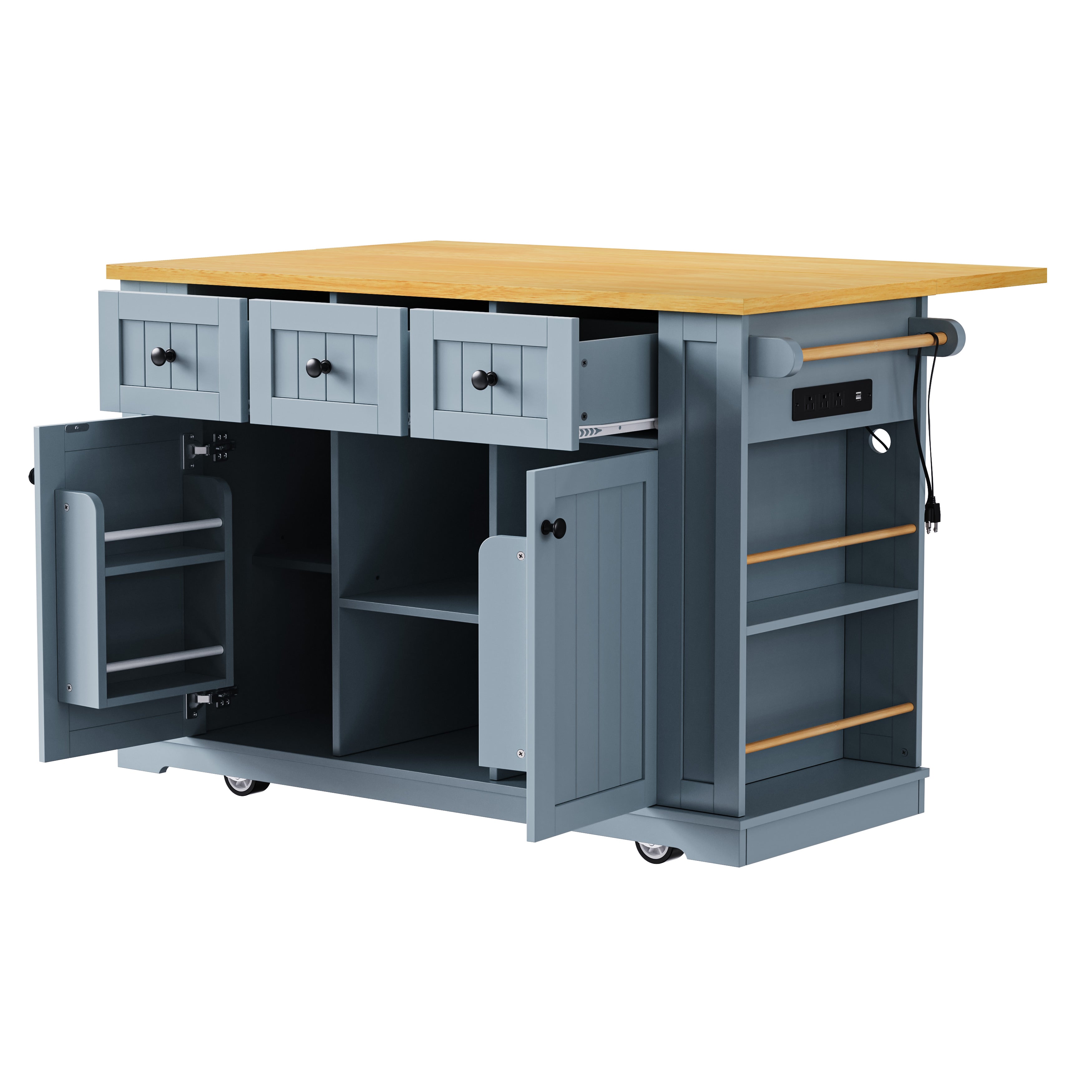 Angle view of Maui gray blue rolling kitchen island with open drawers cabinet doors side spice racks built in power outlet and interior storage compartments on white background