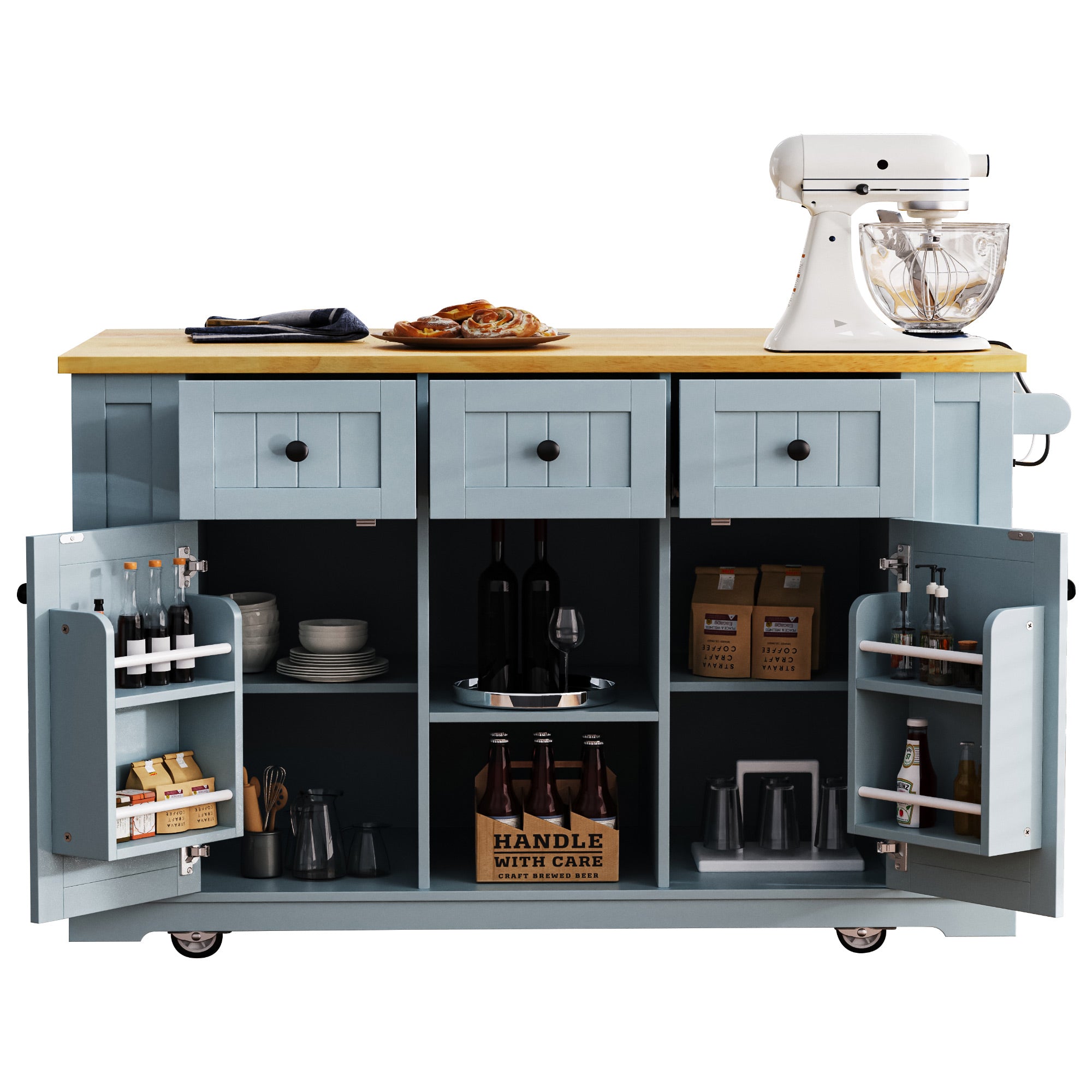 Front view of Maui gray blue rolling kitchen island with open drawers cabinet storage door mounted spice racks and farmhouse style organization compartments on white background