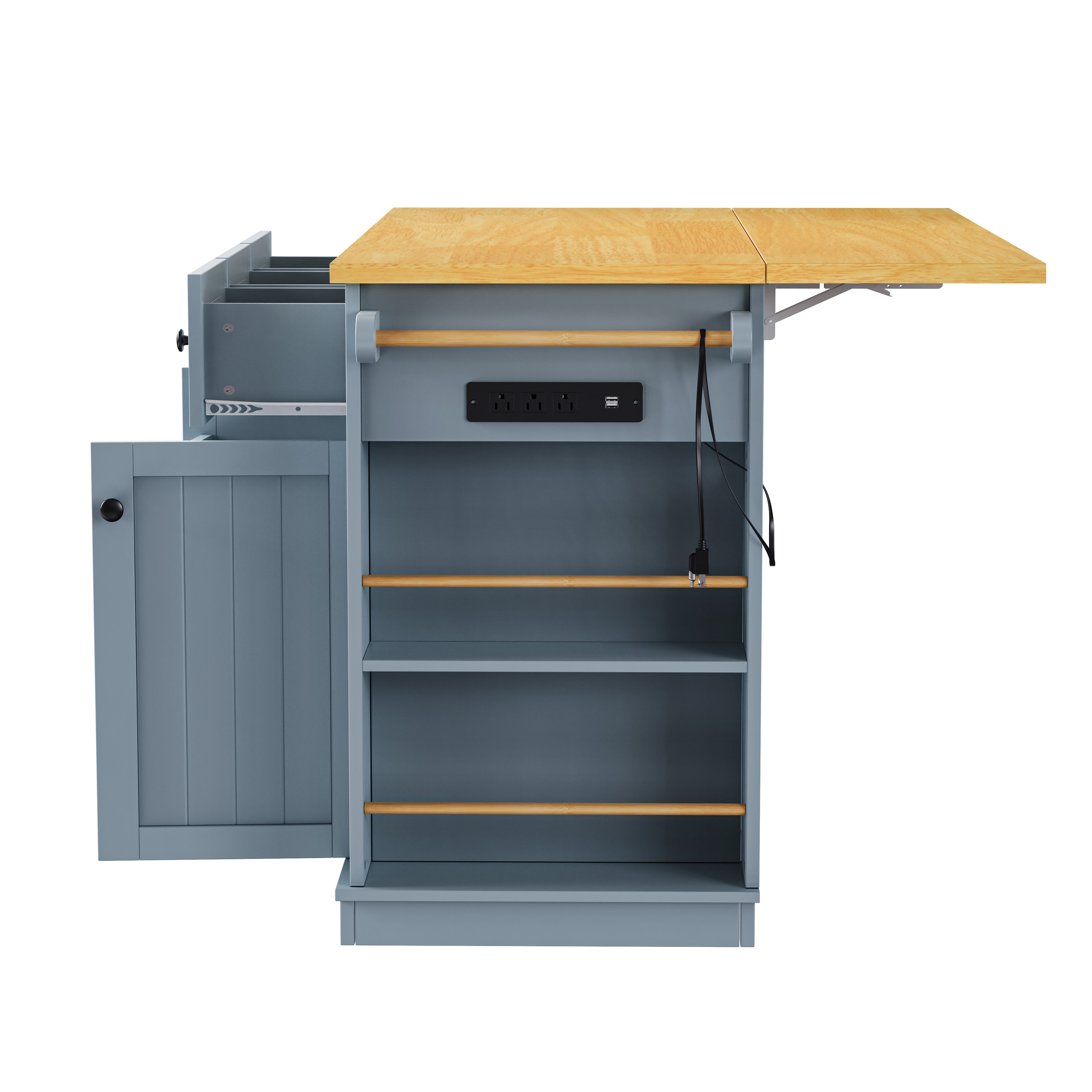 Side view of Maui gray blue rolling kitchen island with expanded drop leaf built in power outlet open side spice racks and storage cabinet on white background