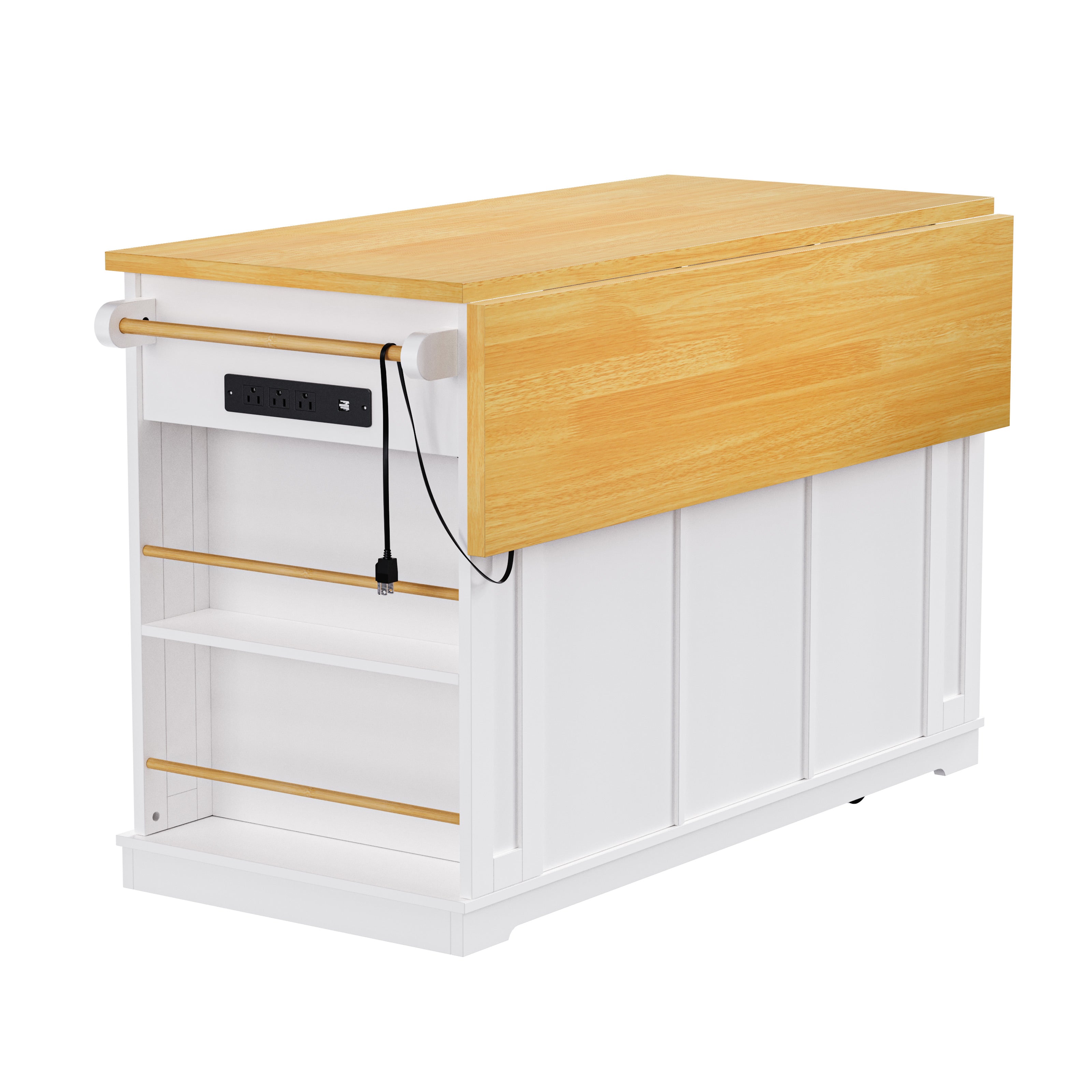 Back angle view of Maui white rolling kitchen island with folded drop leaf countertop open side spice racks built in power outlet and farmhouse panel design on white background