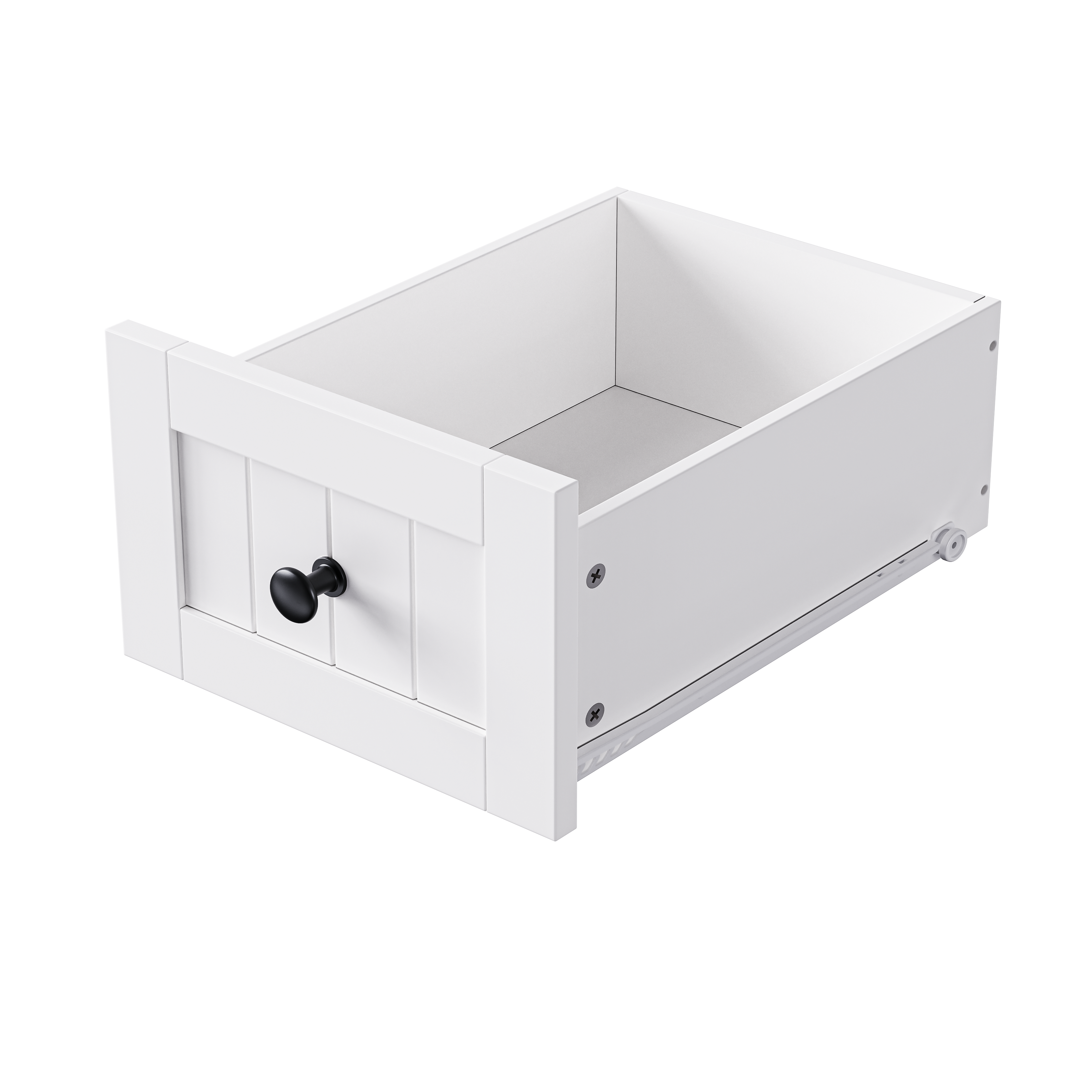 Close up detail view of Maui white kitchen island drawer with farmhouse groove panel design black knob handle and smooth sliding rail on white background