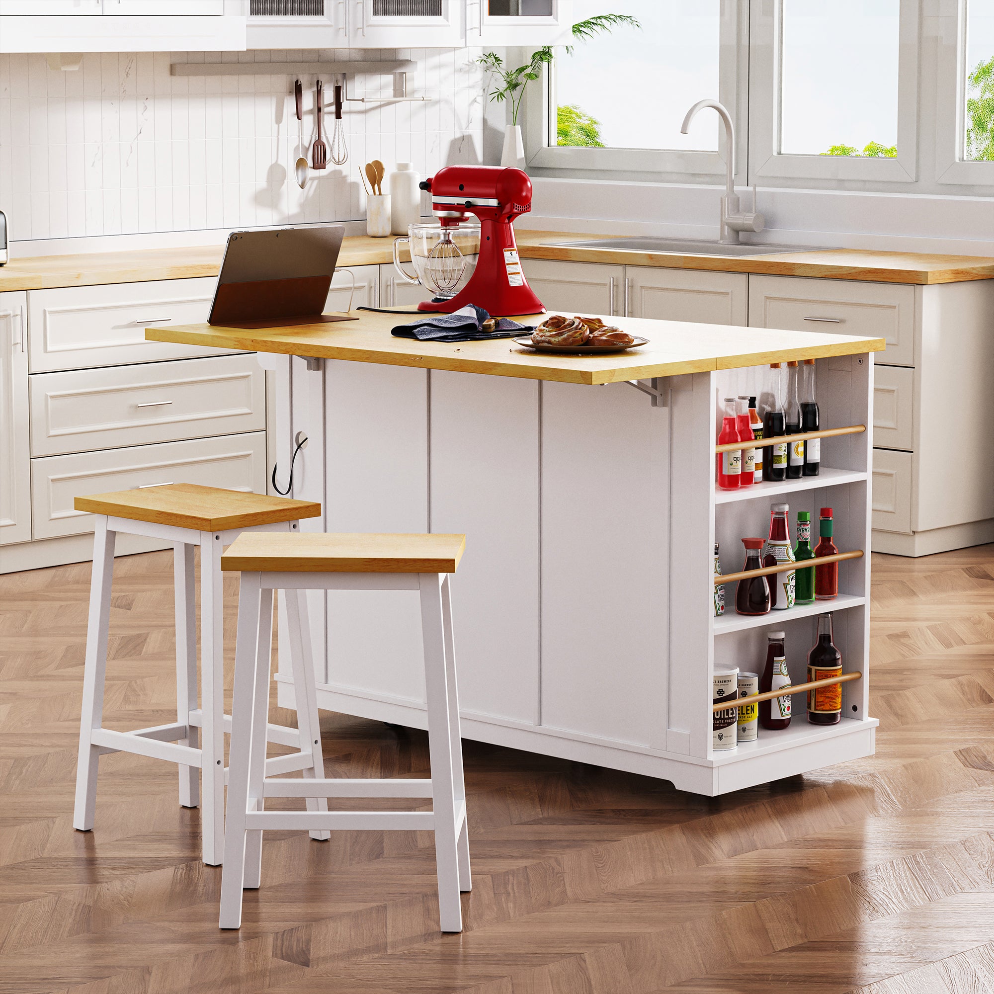Rear view of Maui white rolling kitchen island with expanded drop leaf breakfast bar open side storage shelves and matching stools in modern kitchen scene