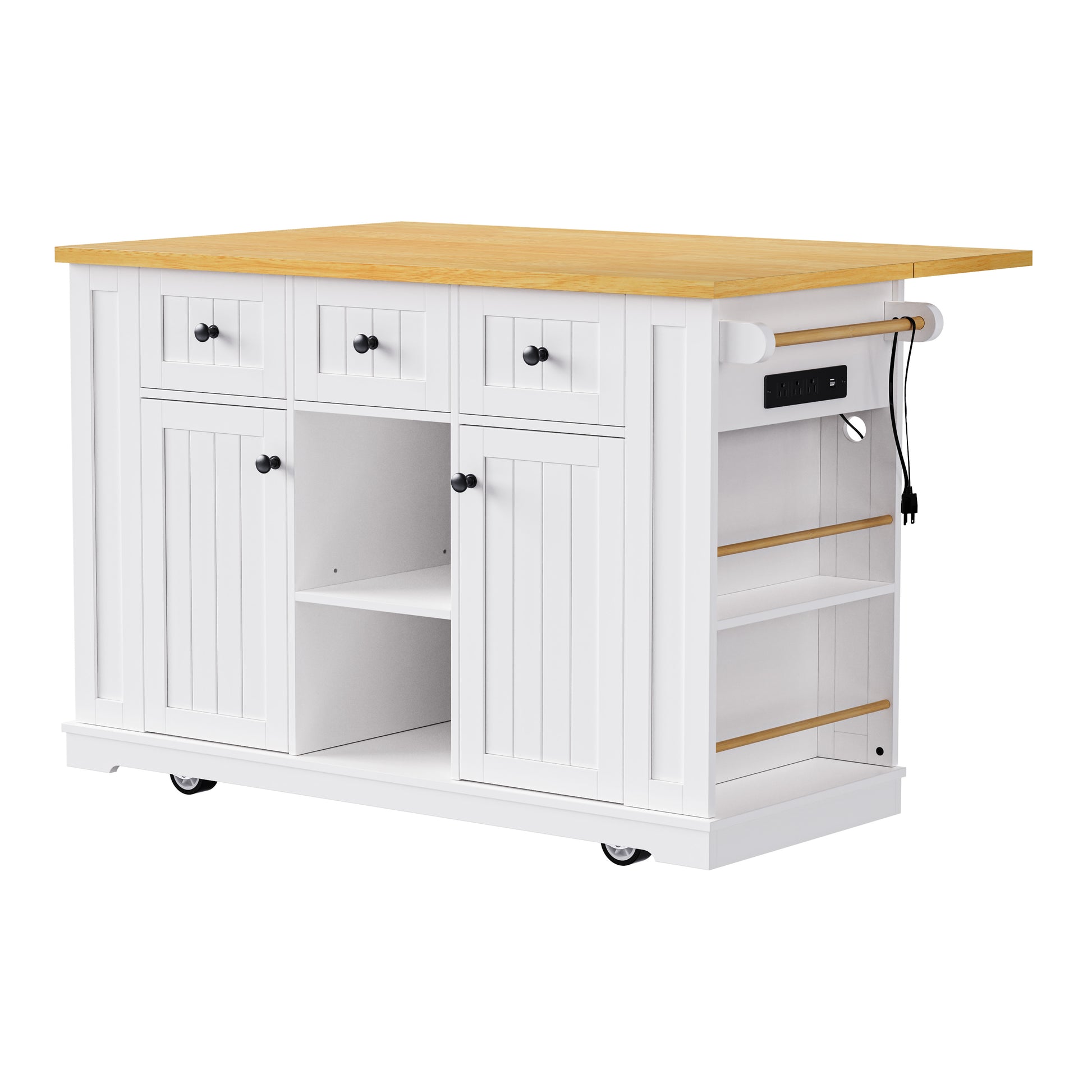 Front angle view of Maui white rolling kitchen island with open center shelf side spice racks built in power outlet and farmhouse cabinet storage on white background