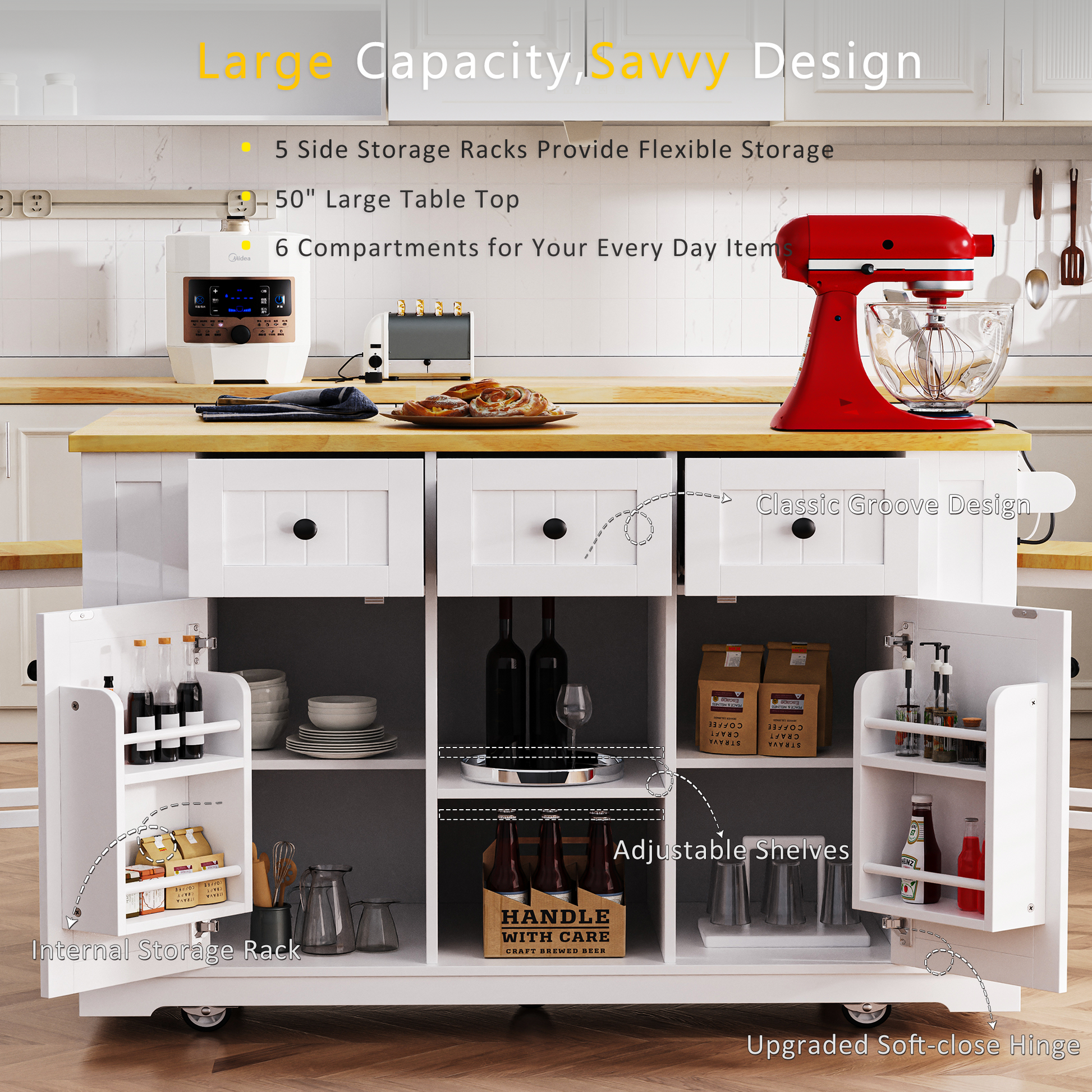 Feature infographic of Maui white rolling kitchen island showing large storage capacity adjustable shelves soft close hinges interior storage racks and farmhouse groove panel design