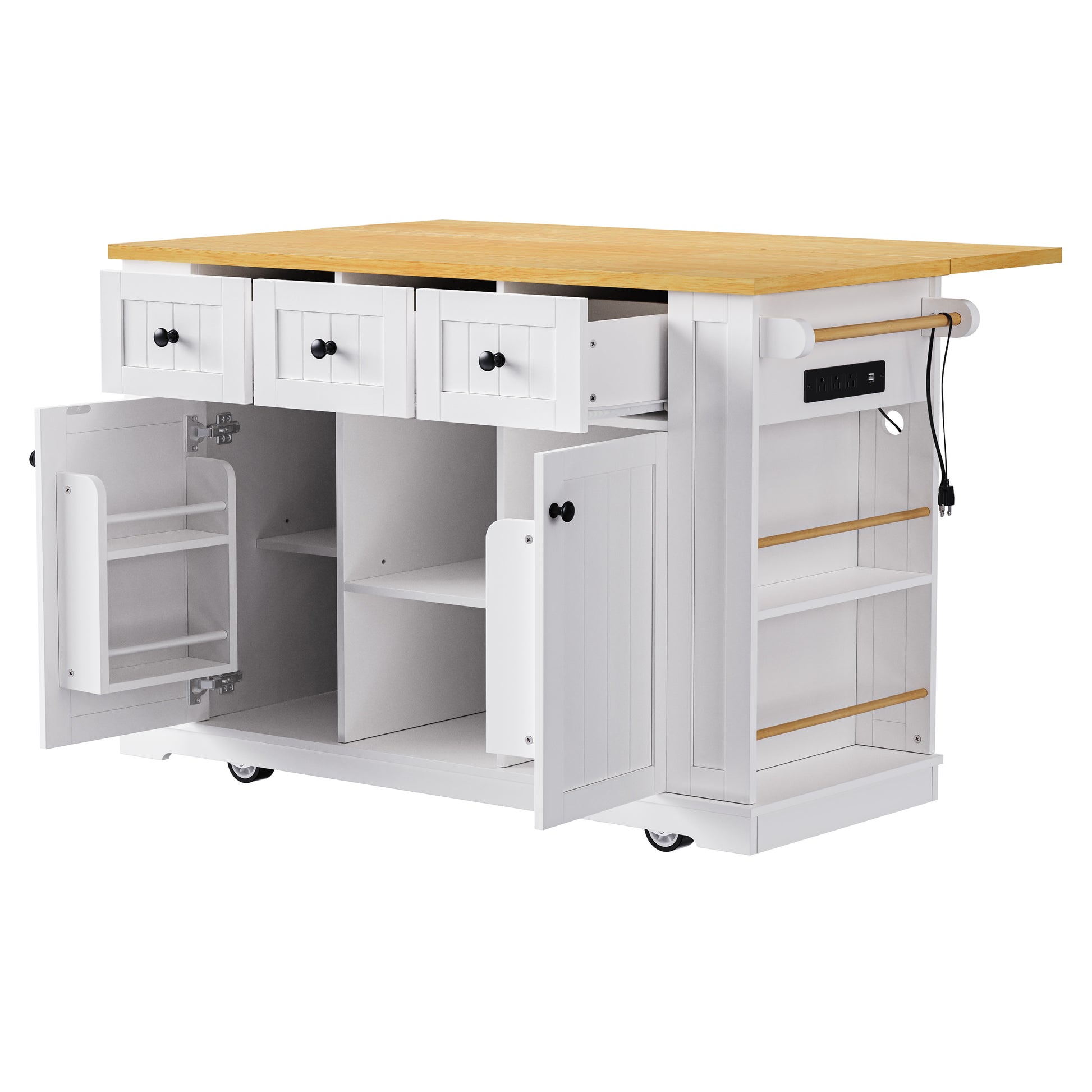 Angle view of Maui white rolling kitchen island with open drawers cabinet doors side spice racks built in power outlet and interior storage compartments on white background