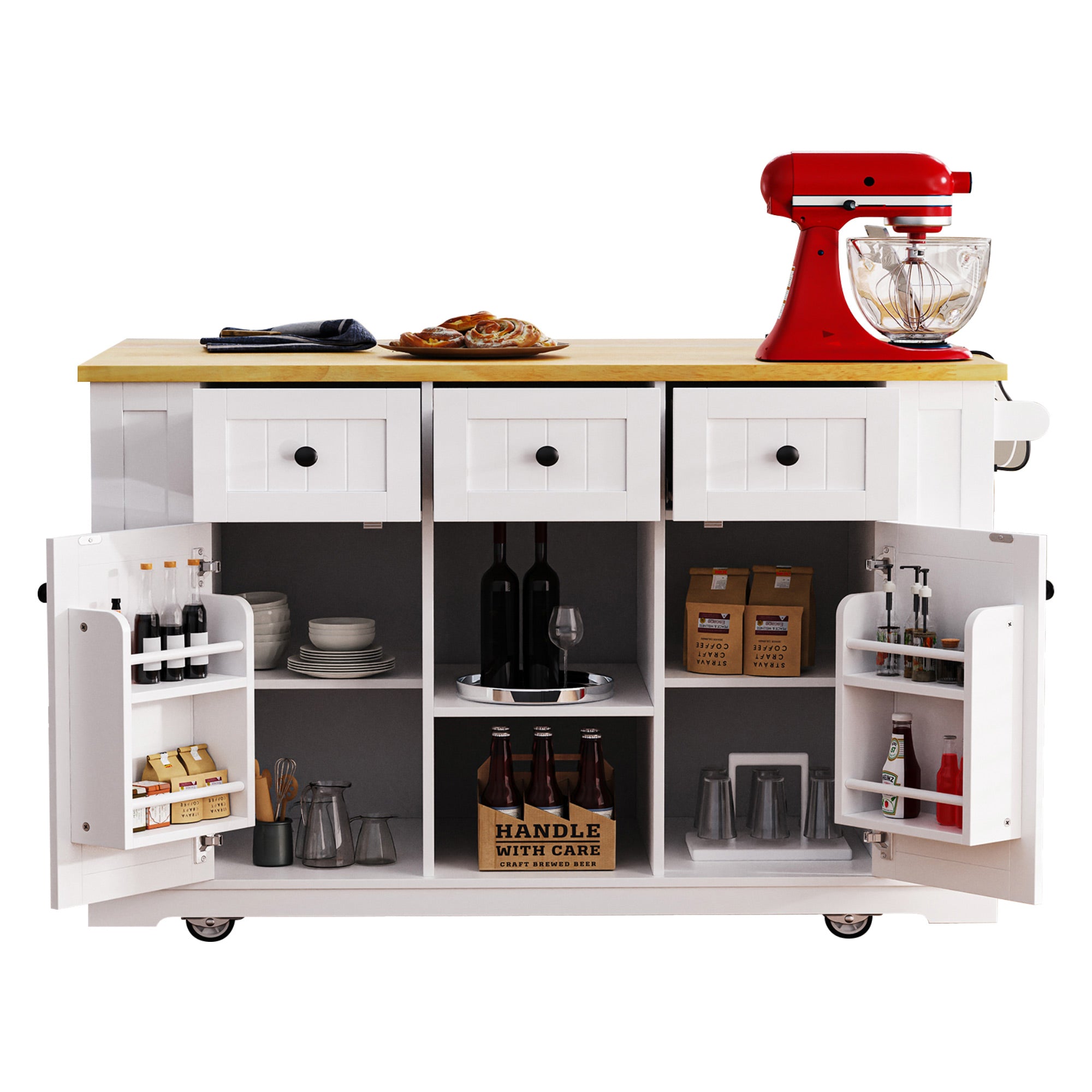 Front view of Maui white rolling kitchen island with open drawers cabinet storage door mounted spice racks and farmhouse style organization compartments on white background