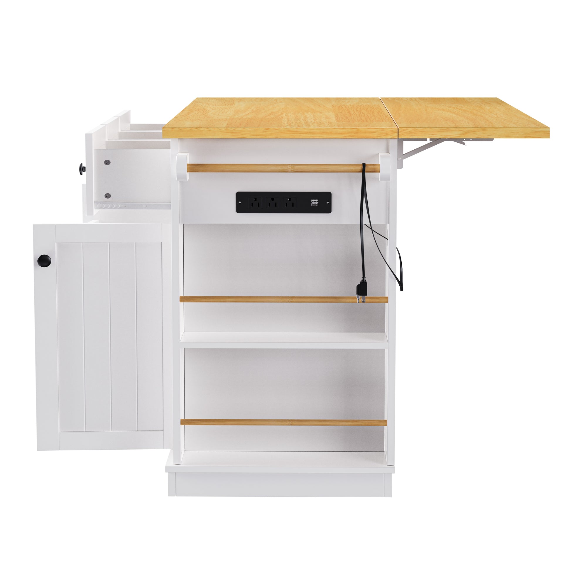 Side view of Maui white rolling kitchen island with expanded drop leaf built in power outlet open side spice racks and storage cabinet on white background