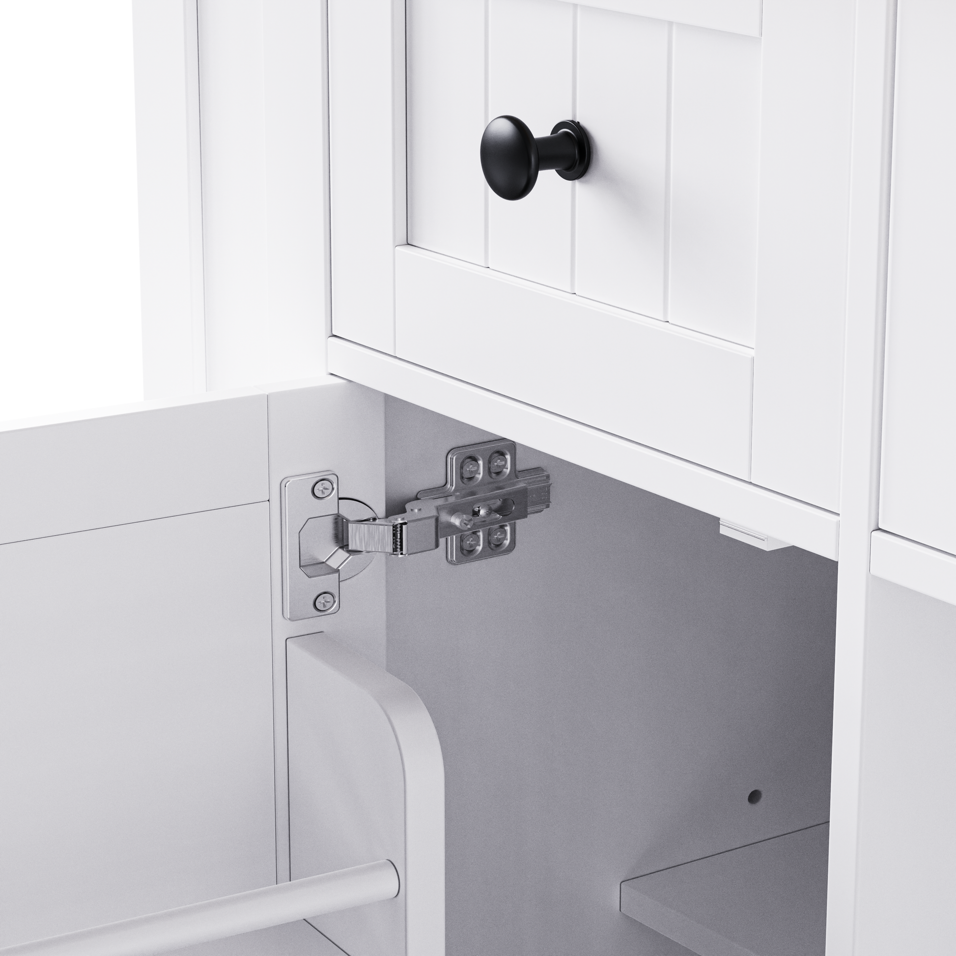 Close-up detail of Maui white rolling kitchen island featuring soft-close cabinet hinge, farmhouse panel drawer front and interior storage compartment
