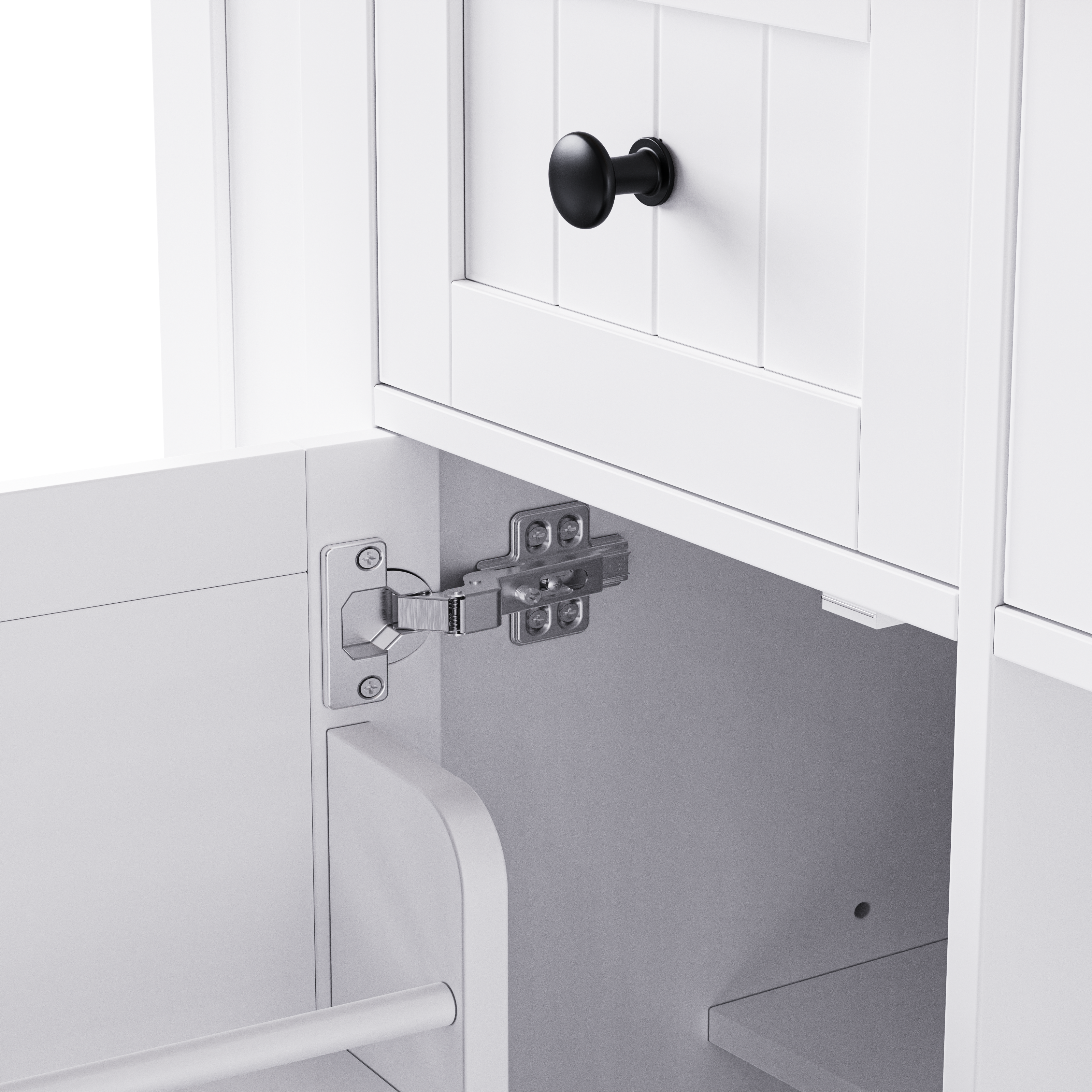 Close-up detail of Maui white rolling kitchen island featuring soft-close cabinet hinge, farmhouse panel drawer front and interior storage compartment