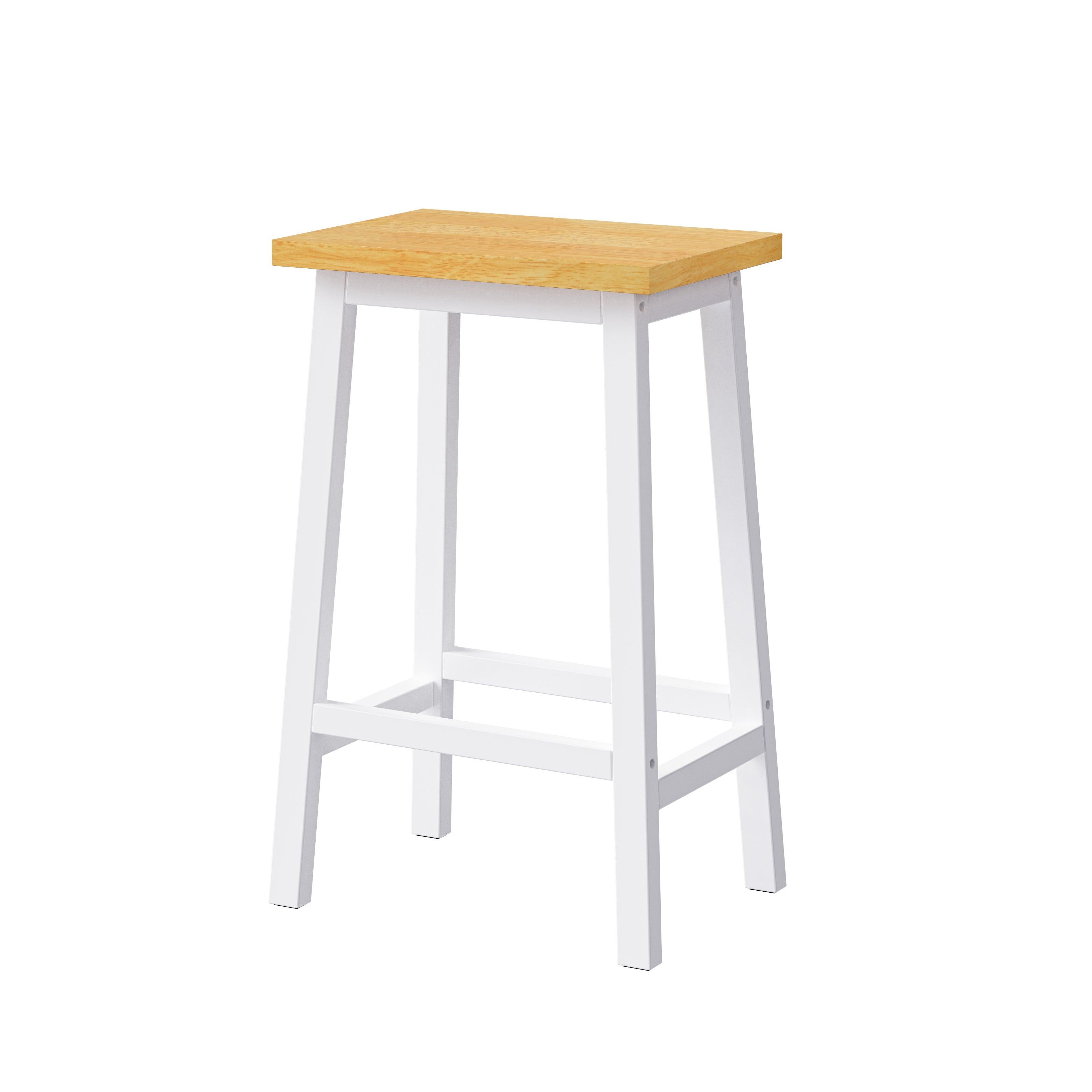 Maui white solid wood backless bar stool with natural wood seat and farmhouse-style frame isolated on white background for kitchen island and counter seating