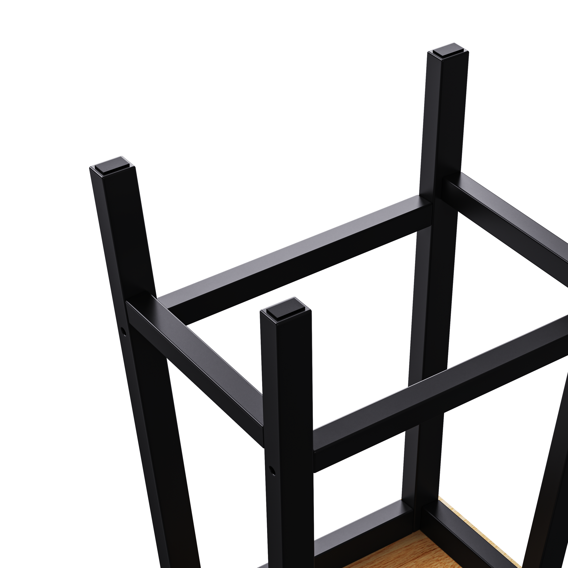 Close-up detail of Maui black solid wood bar stools showing reinforced frame construction and non-slip protective foot pads for stable kitchen counter seating