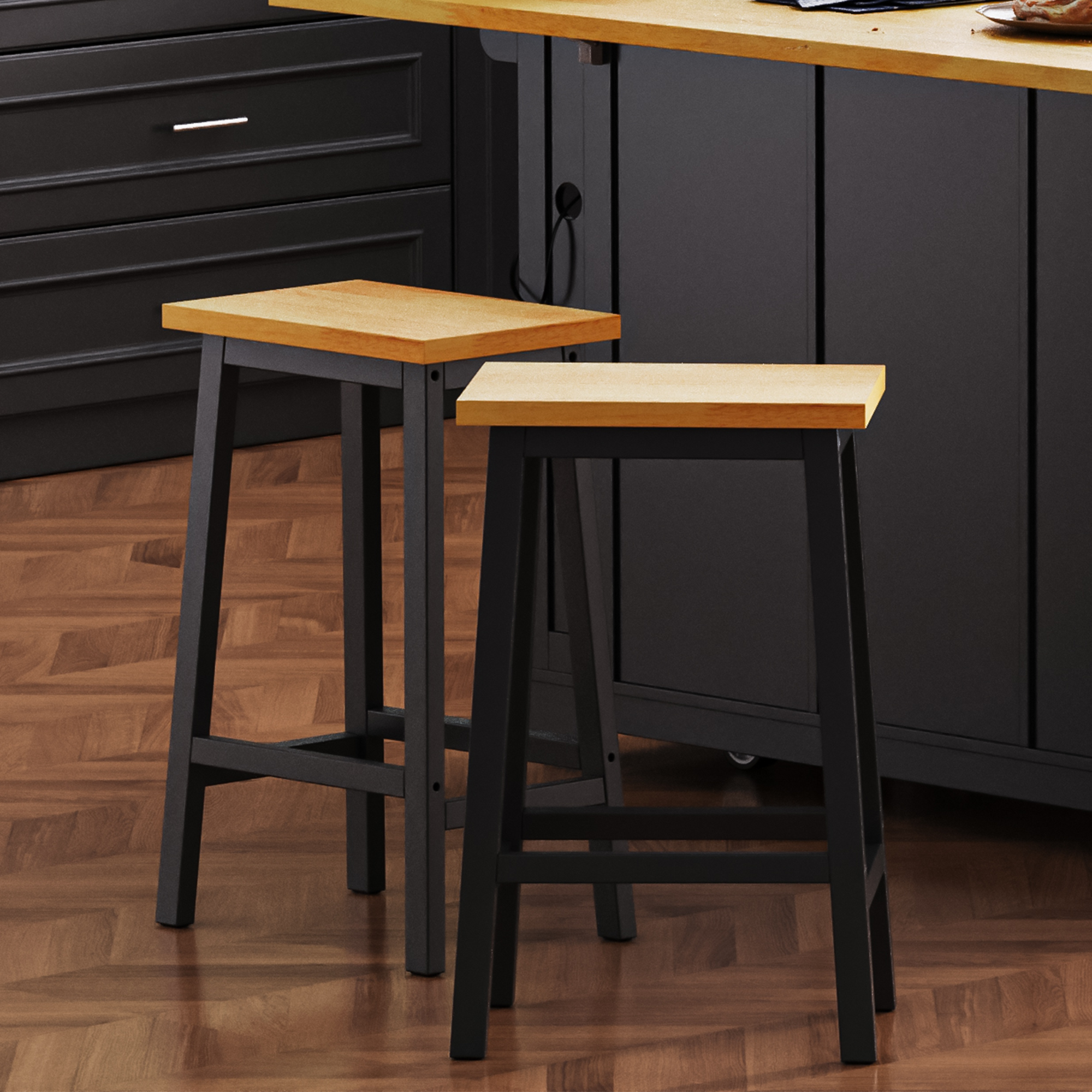 Maui black solid wood bar stools set of 2 styled beside kitchen island with natural wood seats and compact backless farmhouse design for everyday counter seating