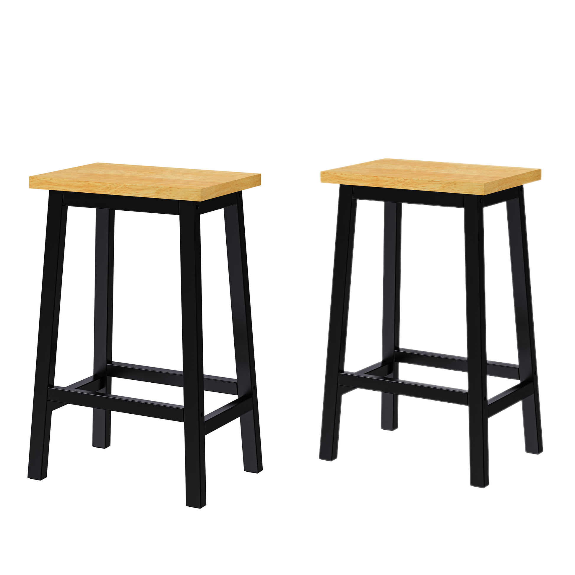 Maui black solid wood bar stools set of 2 with natural wood seats and backless farmhouse design isolated on white background for kitchen island and counter seating
