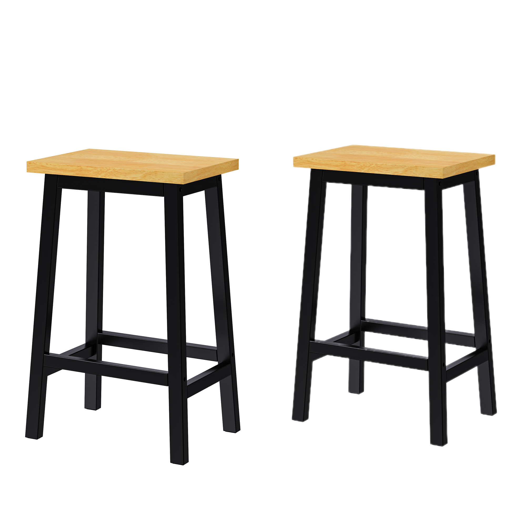 Maui black solid wood bar stools set of 2 with natural wood seats and backless farmhouse design isolated on white background for kitchen island and counter seating
