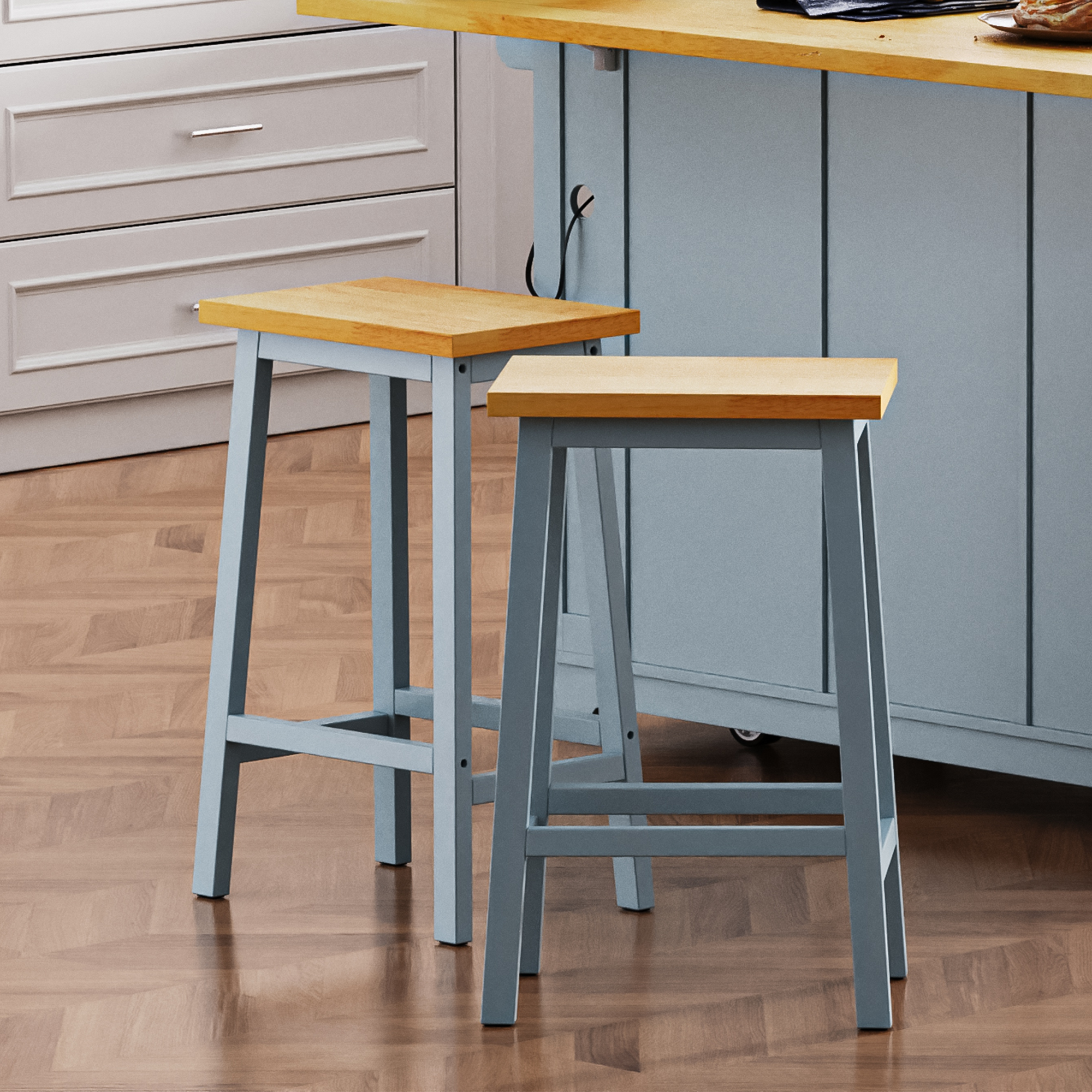 Maui gray blue solid wood bar stools set of 2 styled beside kitchen island with natural wood seats and compact backless farmhouse design for everyday counter seating