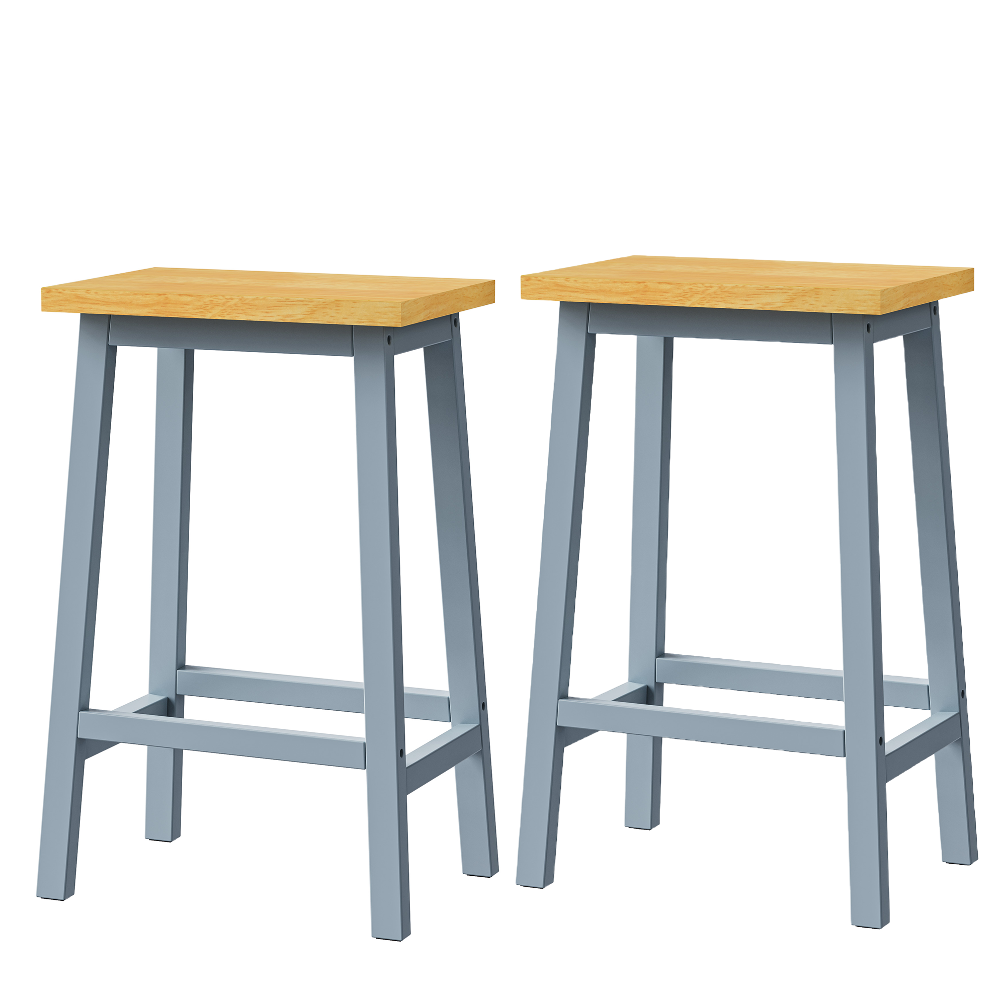 Maui gray solid wood bar stools set of 2 with natural wood seats and backless farmhouse design isolated on white background for kitchen island and counter seating