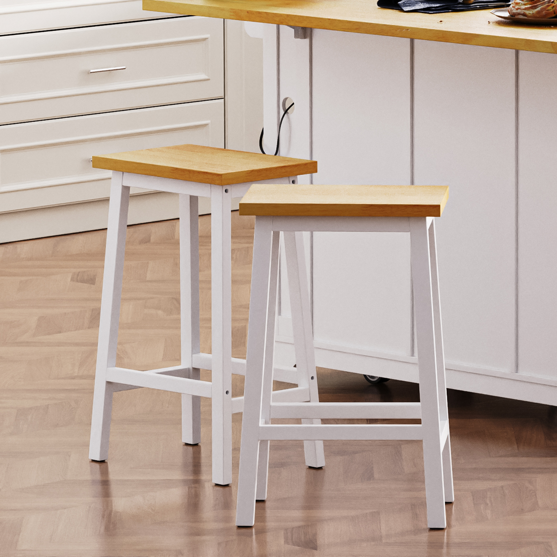Maui white solid wood bar stools set of 2 styled beside kitchen island with natural wood seats and compact backless farmhouse design for everyday counter seating