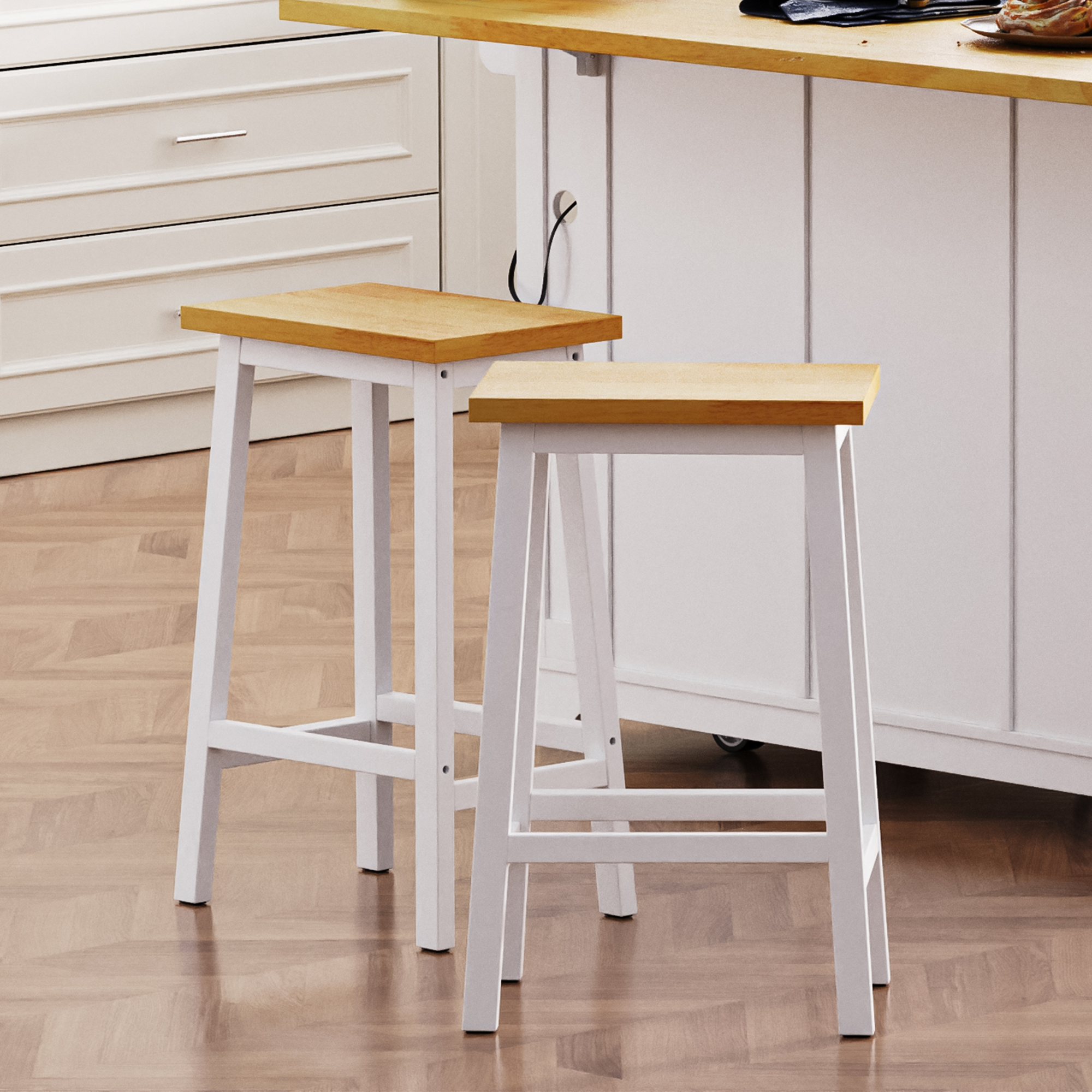 Maui white solid wood bar stools set of 2 styled beside kitchen island with natural wood seats and compact backless farmhouse design for everyday counter seating