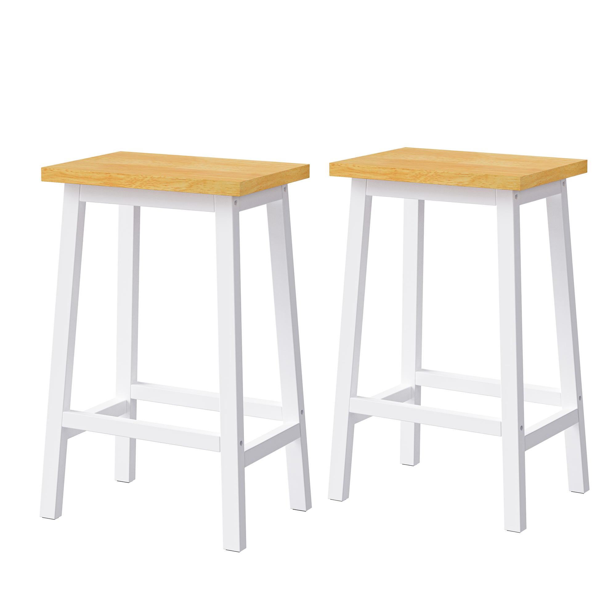 Maui white solid wood bar stools set of 2 with natural wood seats and backless farmhouse design isolated on white background for kitchen island and counter seating