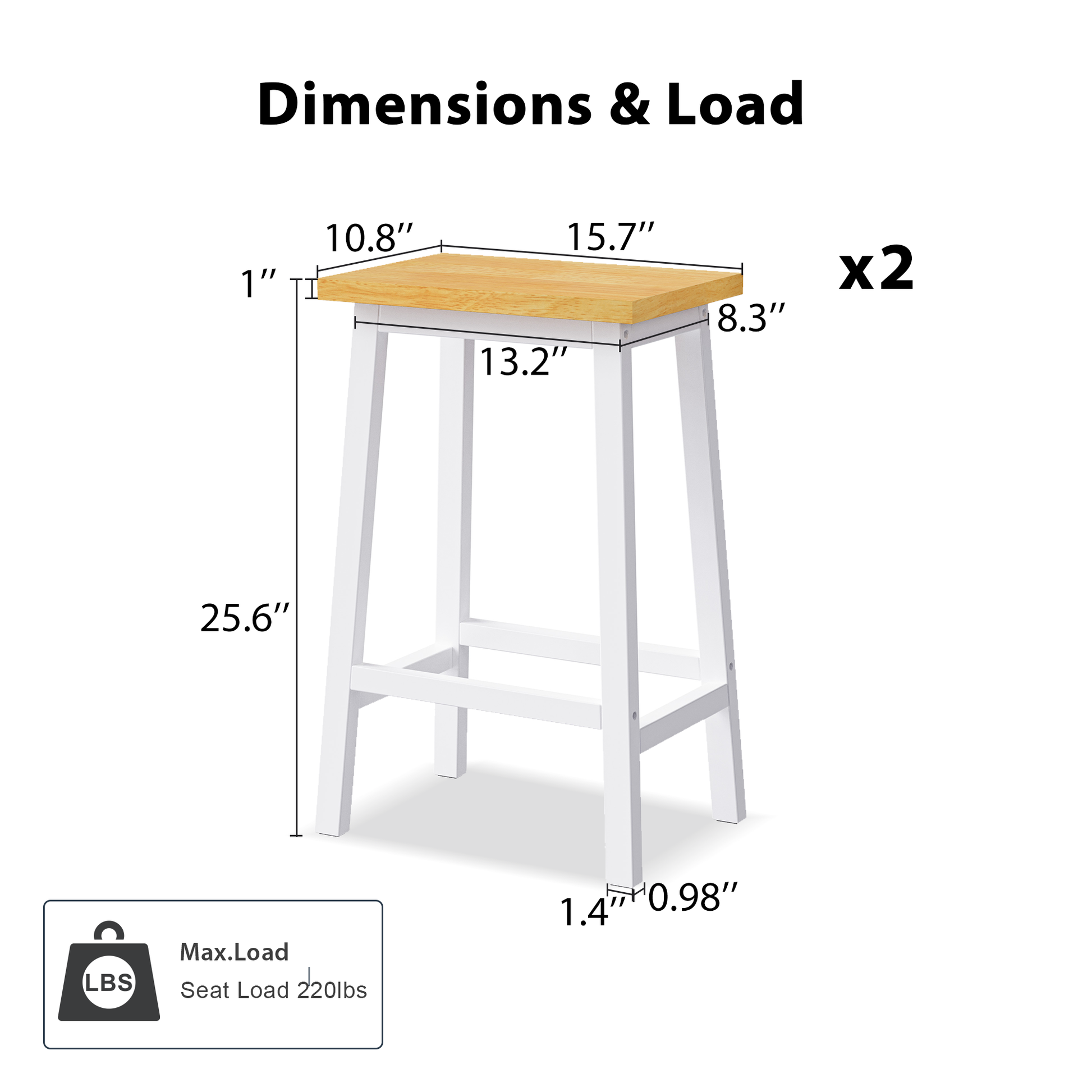 Dimension chart of Maui white solid wood bar stools set of 2 showing overall measurements seat size and 220 lb weight capacity for kitchen island and counter seating
