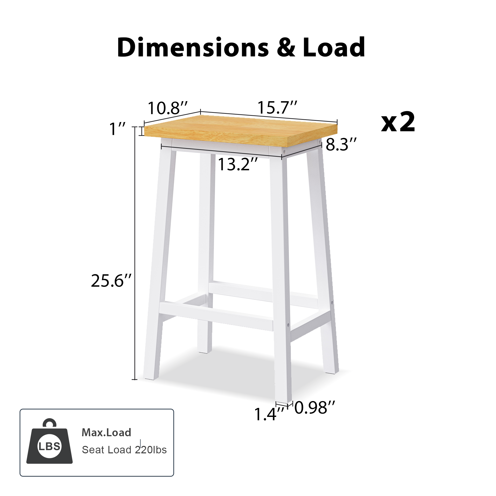 Dimension chart of Maui white solid wood bar stools set of 2 showing overall measurements seat size and 220 lb weight capacity for kitchen island and counter seating