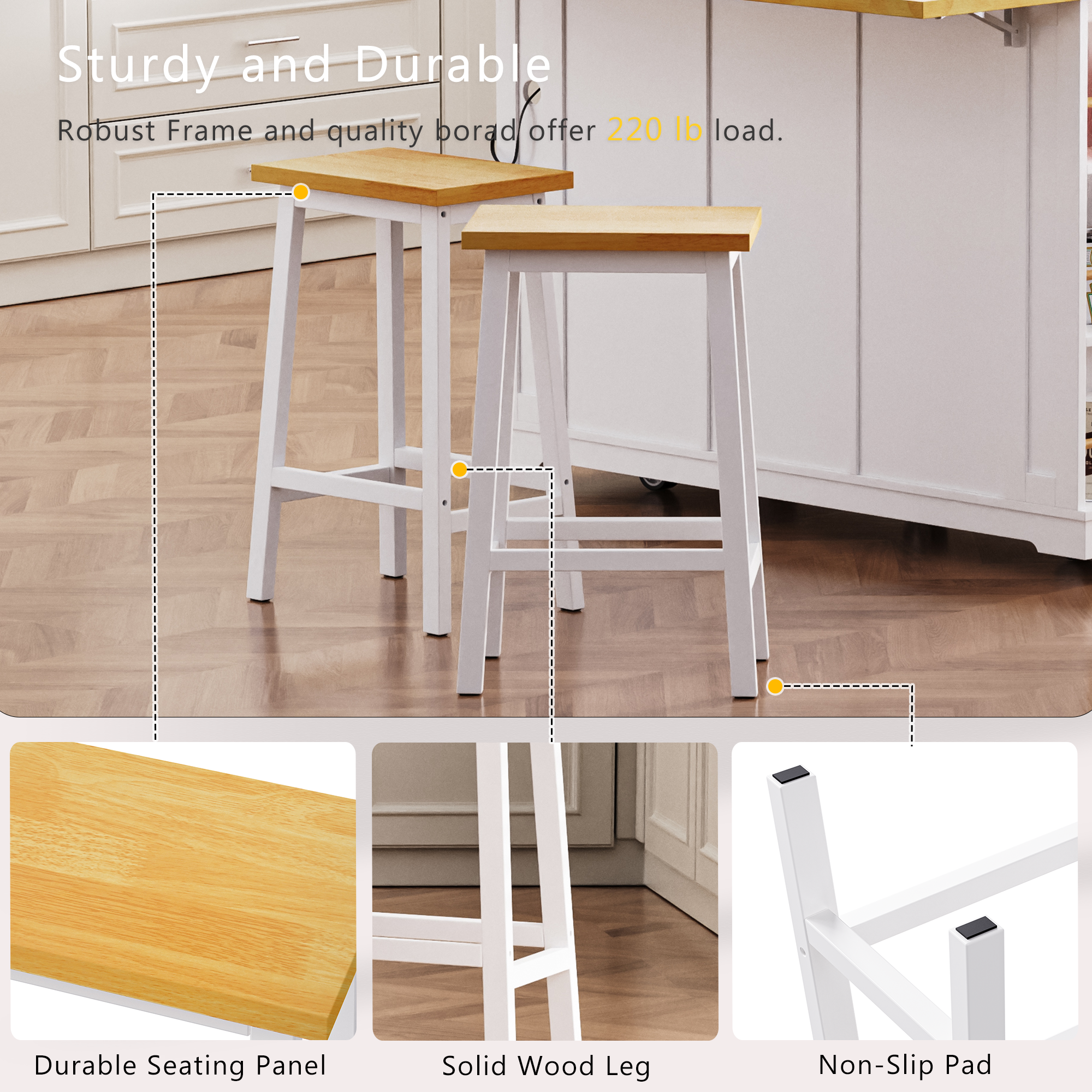 Close-up detail view of Maui white solid wood bar stools highlighting durable wood seat panel solid wood legs and non-slip foot pads with 220 lb weight capacity for everyday kitchen counter seating