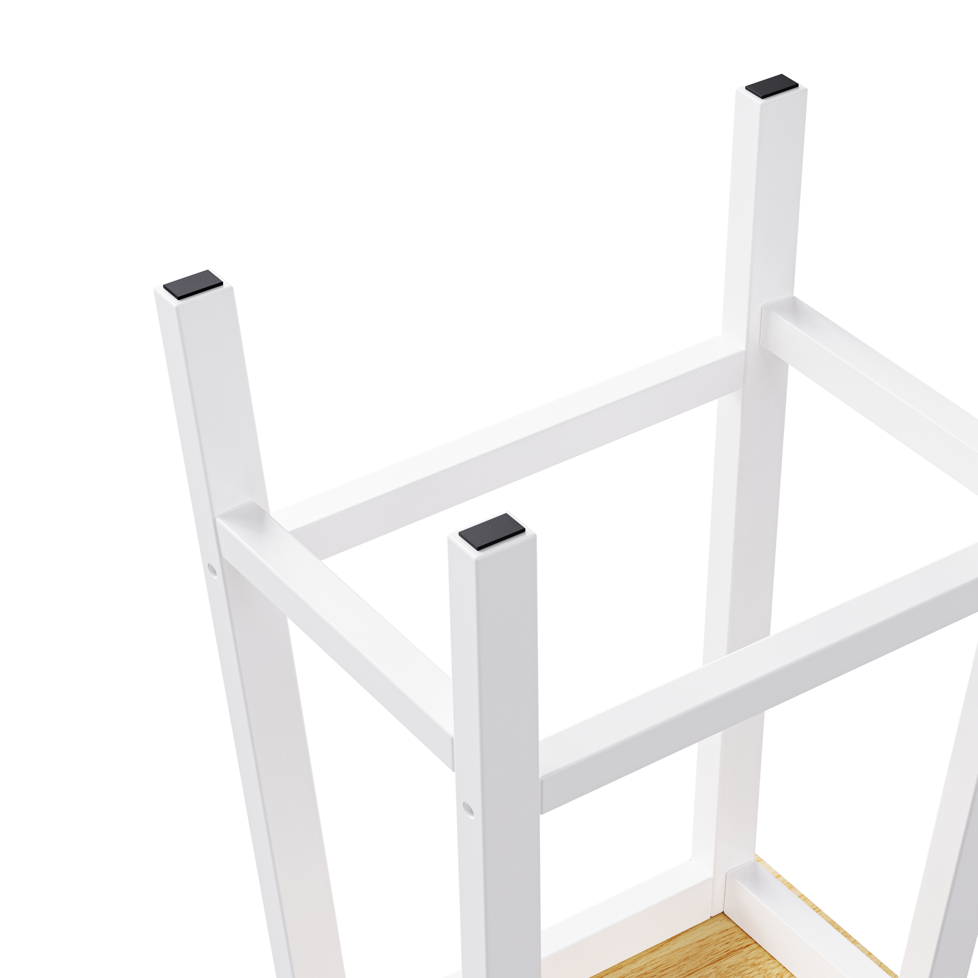 Close-up detail of Maui white solid wood bar stools showing reinforced frame construction and non-slip protective foot pads for stable kitchen counter seating