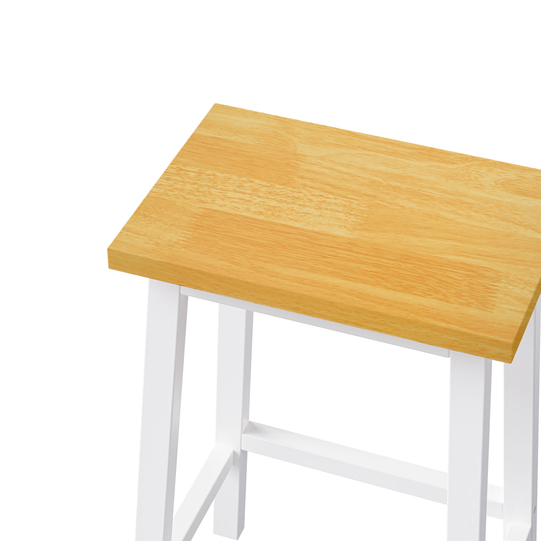 Close-up detail of Maui white solid wood bar stool featuring natural wood grain seat surface and sturdy farmhouse-style frame for kitchen island seating