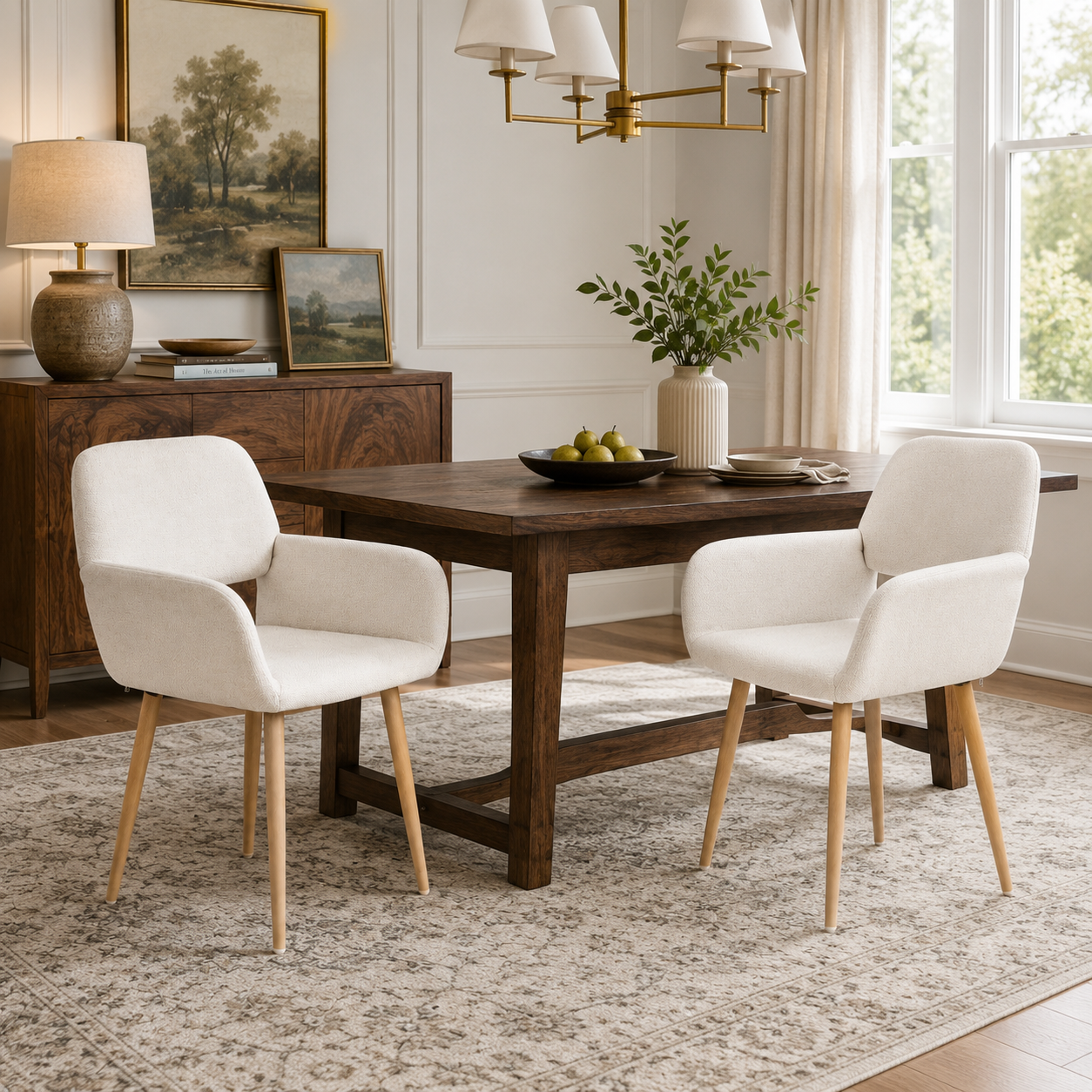 Mayfair beige fabric dining chairs with armrests set of 2 around a round dining table in a bright dining room