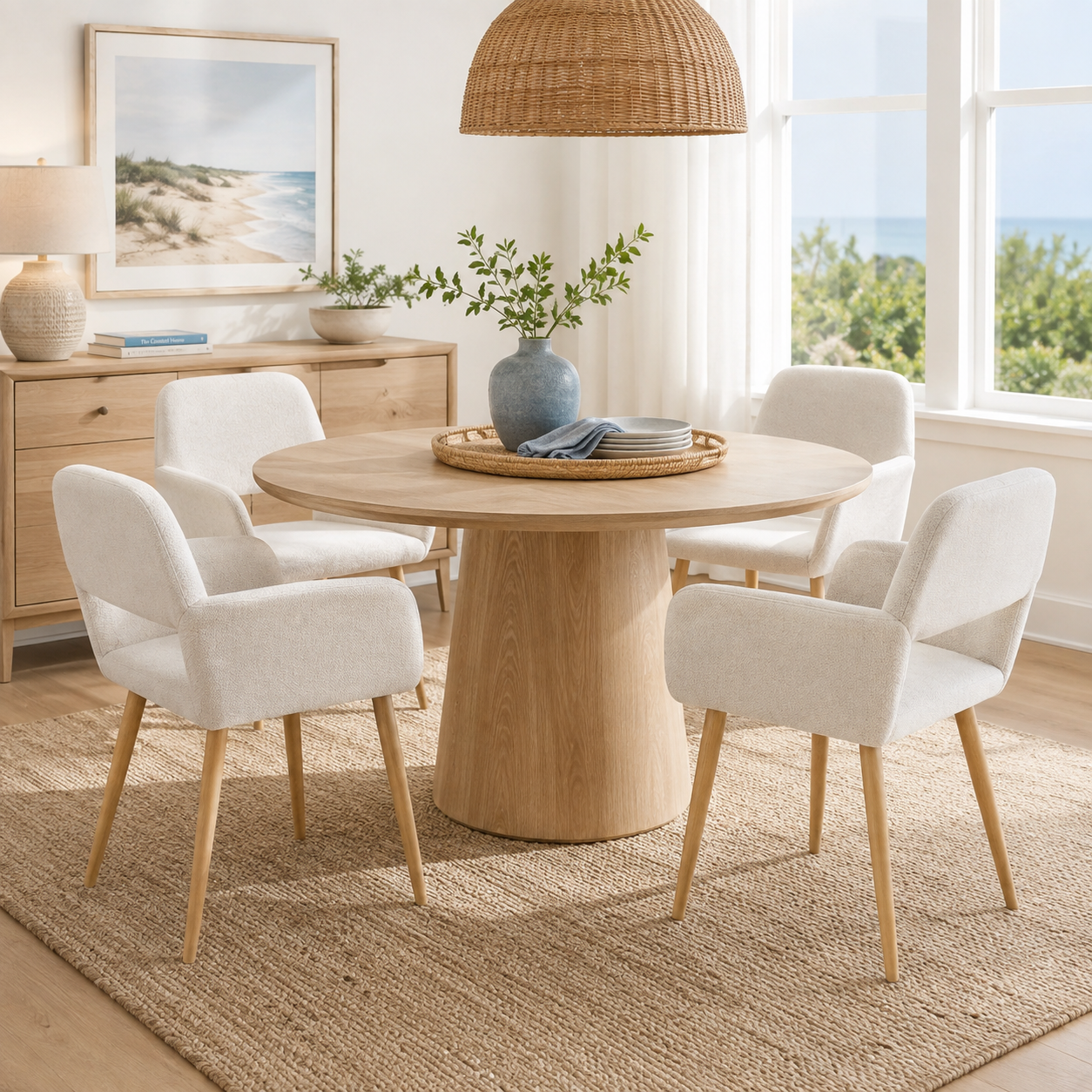 Mayfair beige fabric dining chairs with armrests set of 4 beside a round dining table in a cozy dining space