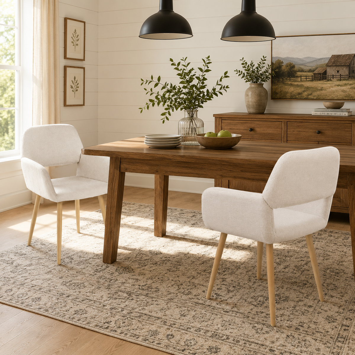Mayfair beige fabric dining chairs with armrests set of 2 styled in a warm dining area