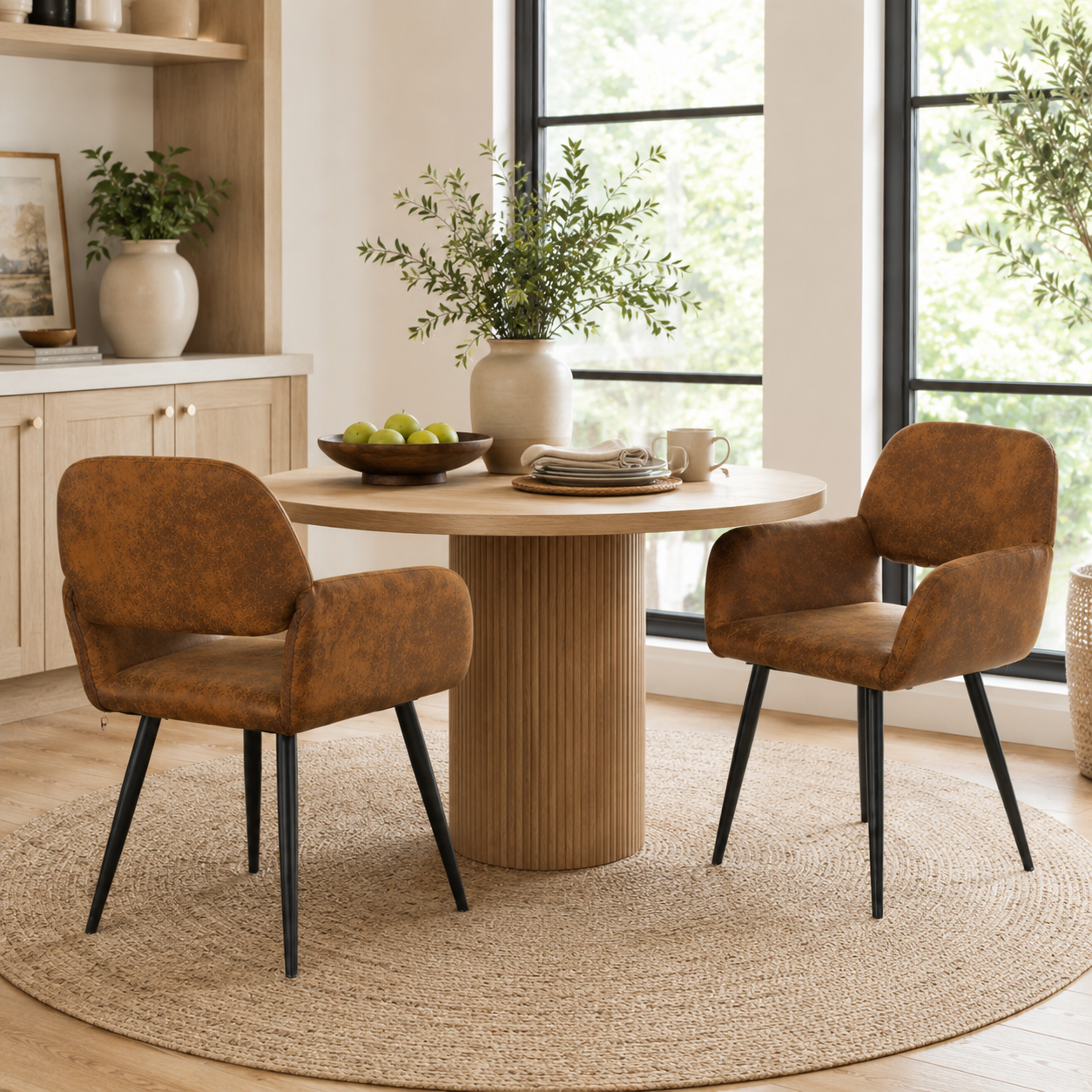 Mayfair suede brown dining chairs with armrests set of 2 in a modern dining space