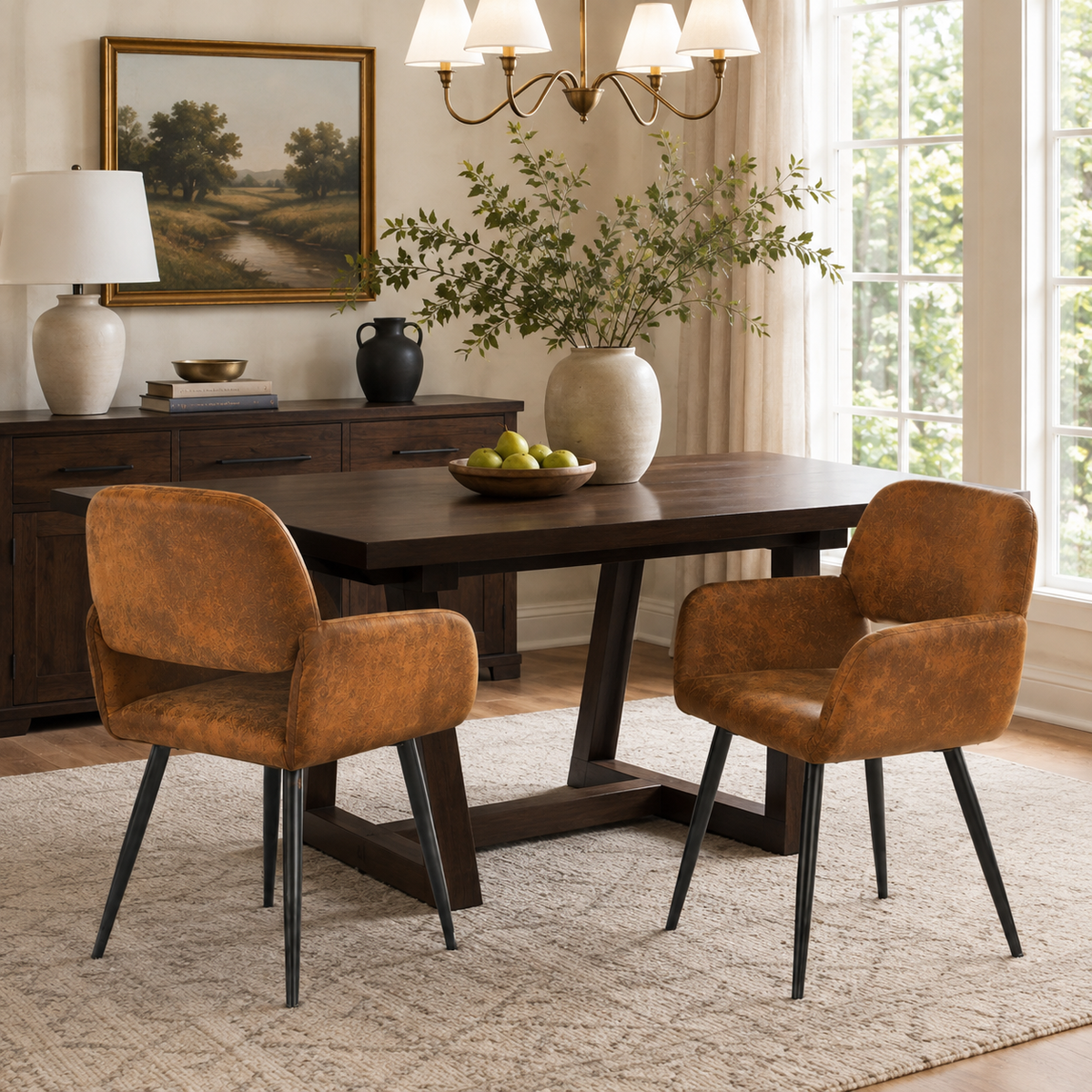 Mayfair suede brown dining chairs with armrests set of 2 styled in a darker dining room