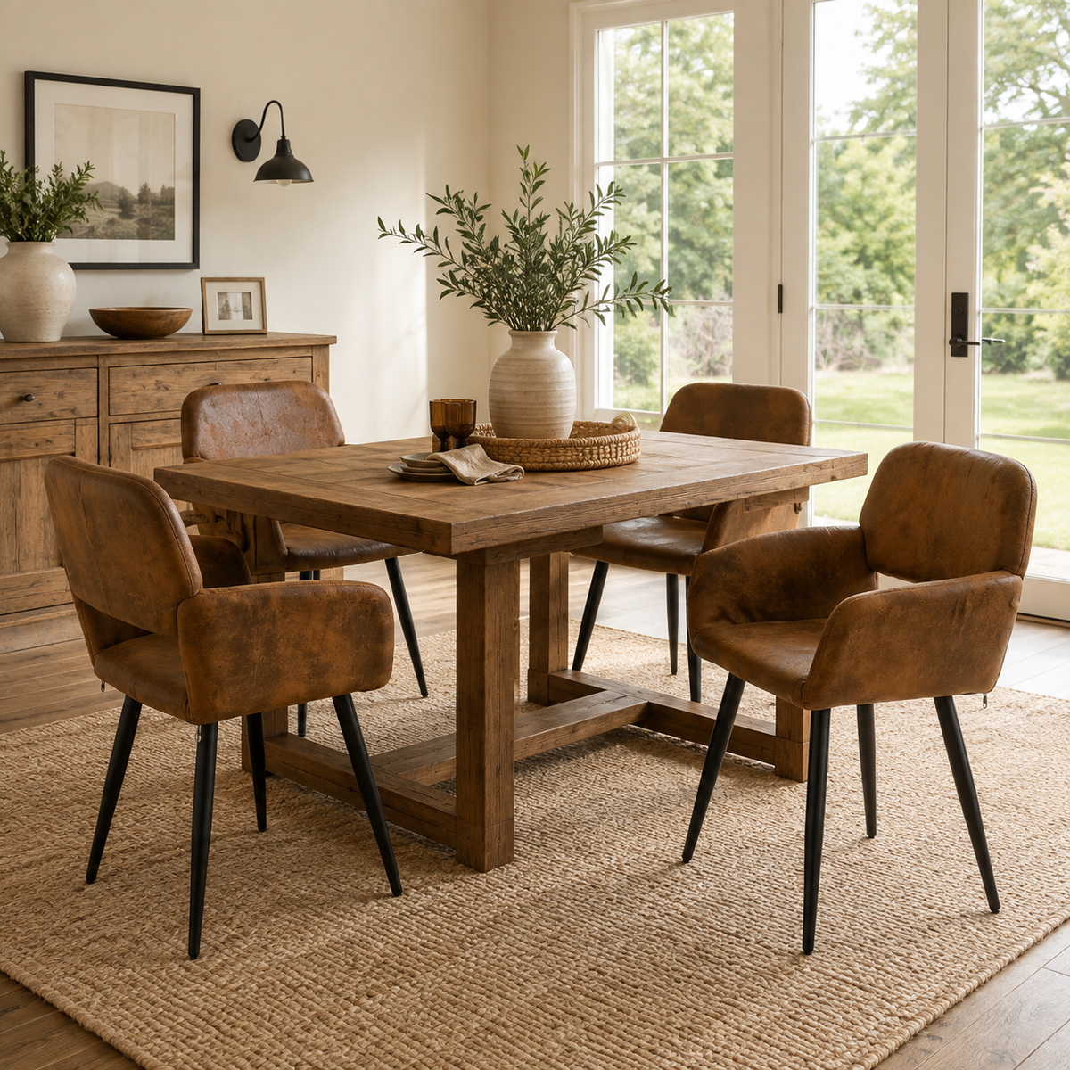 Mayfair suede brown dining chairs with armrests set of 2 with a round dining table in a warm dining room