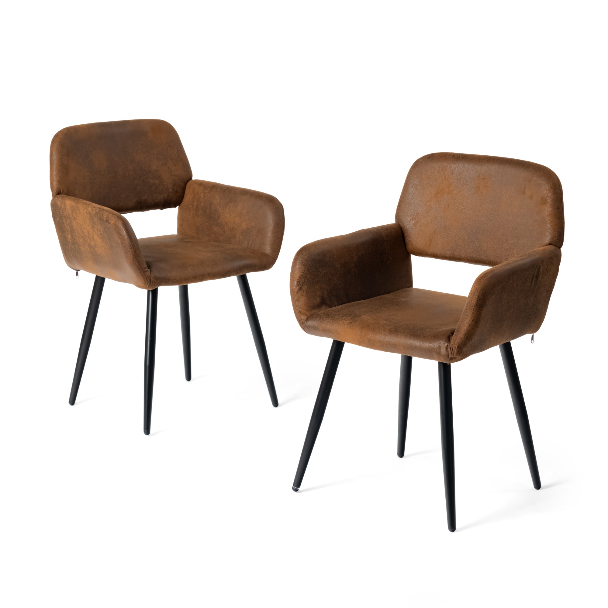 Mayfair suede brown dining chairs with armrests set of 2 on white background, pair view