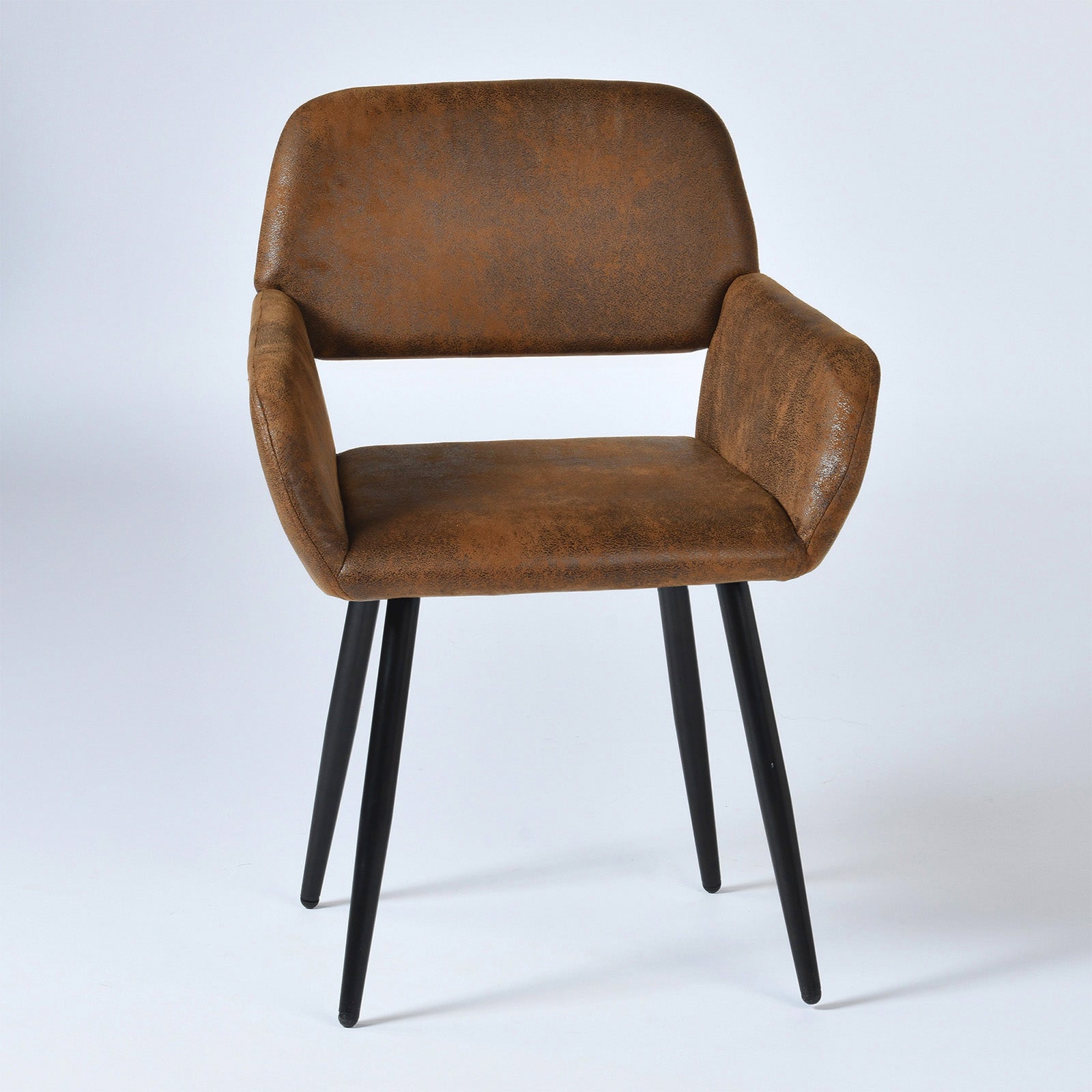 Mayfair suede brown dining chair with armrests on white background, front view