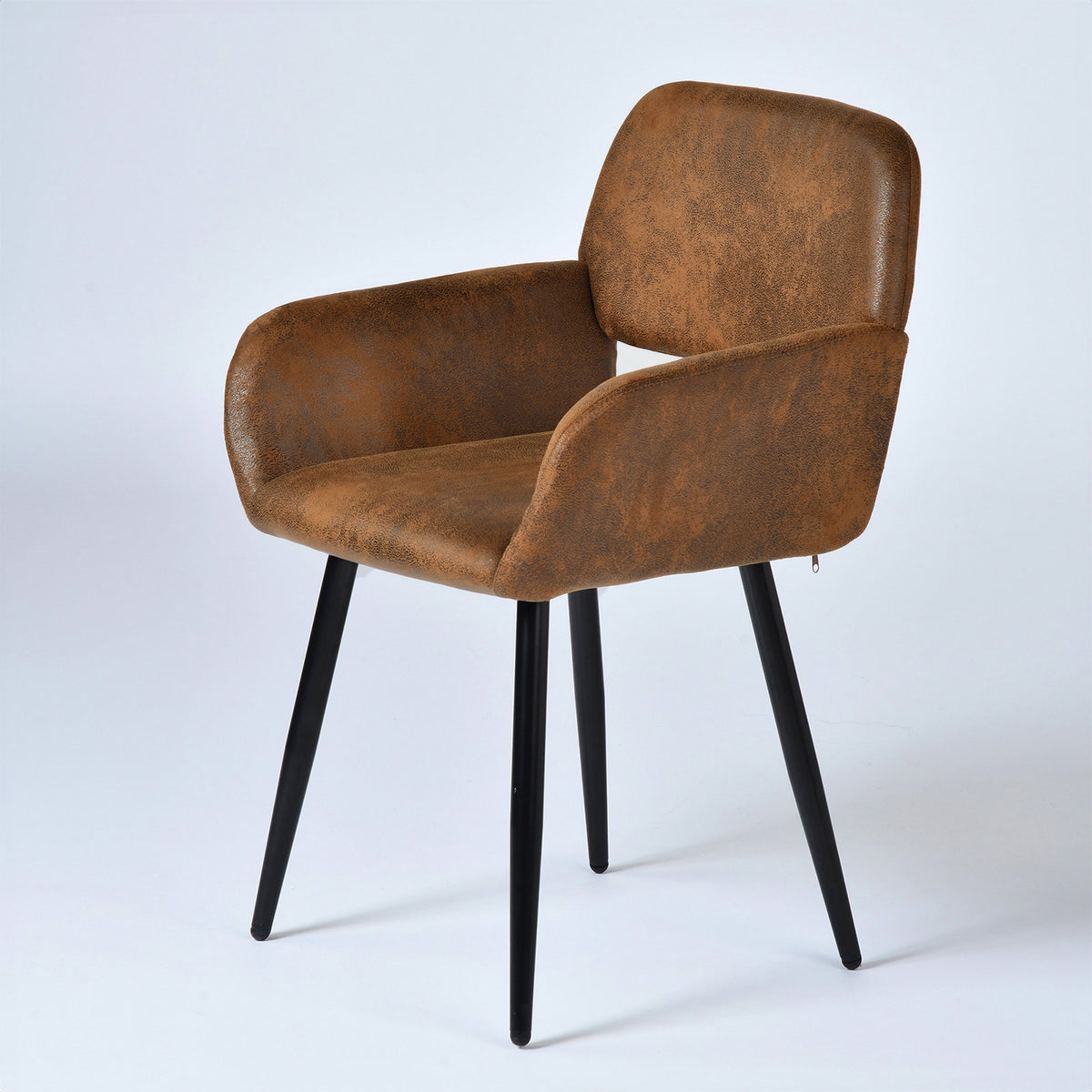 Mayfair suede brown dining chair with armrests on white background, front three quarter view