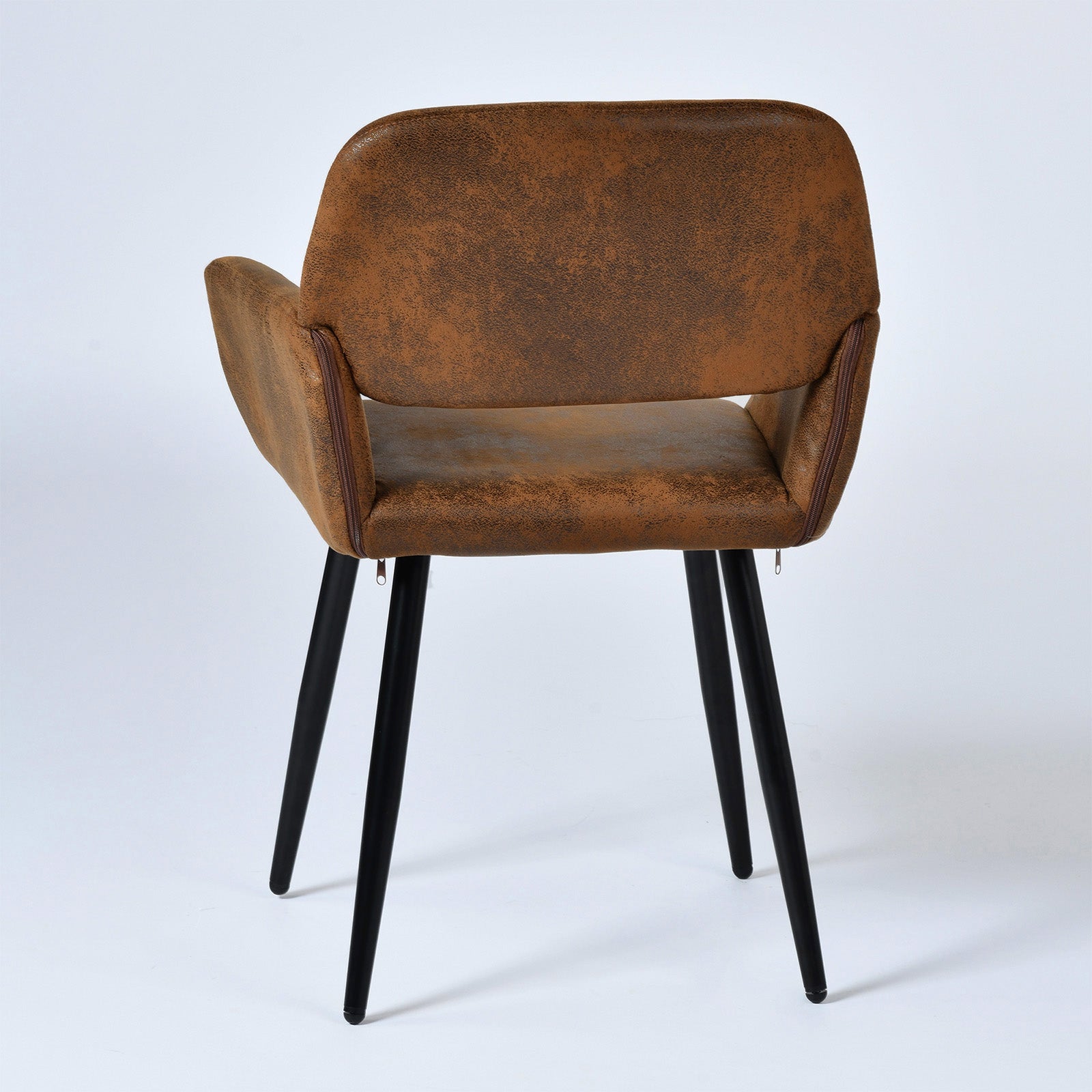Mayfair suede brown dining chair with armrests on white background, rear view