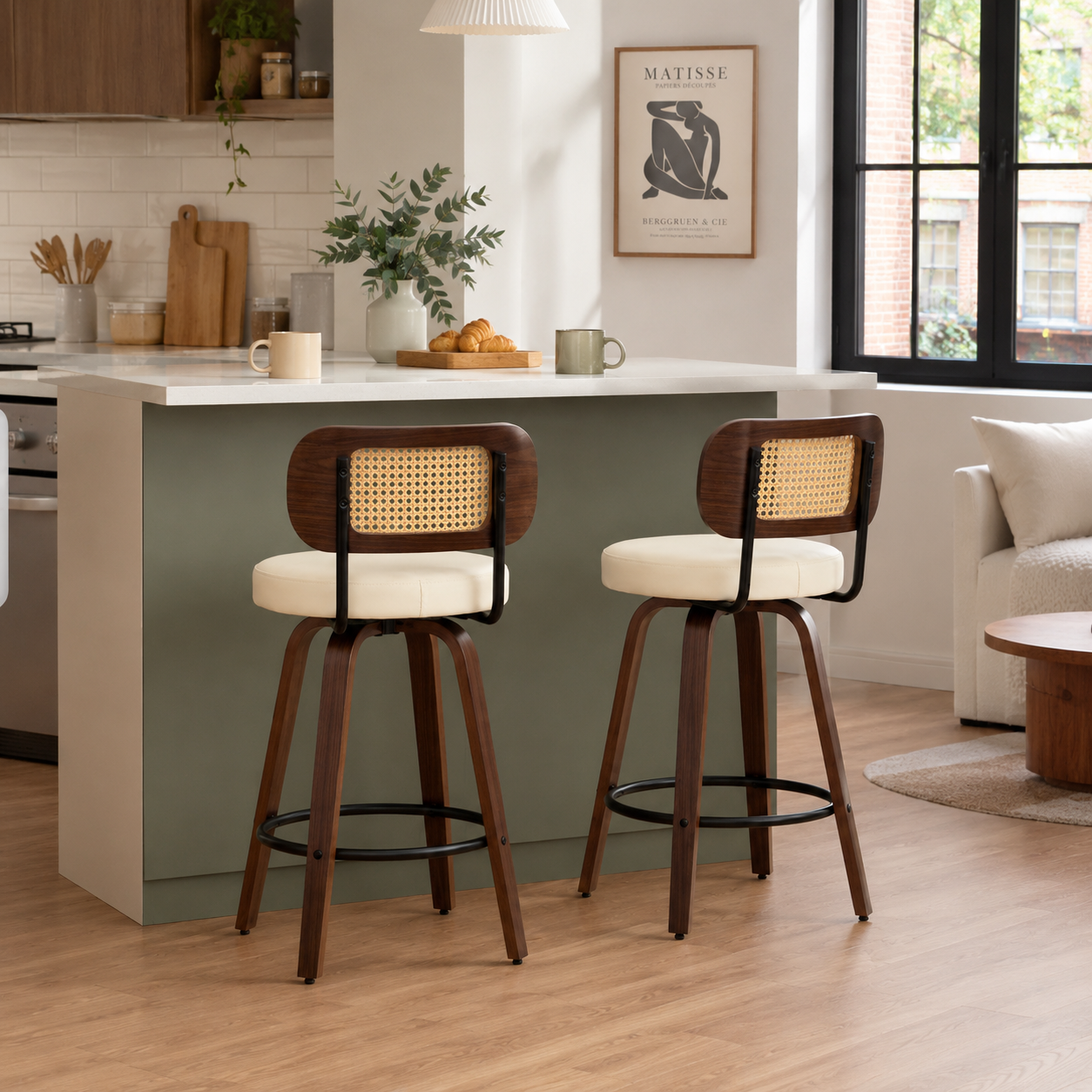 Medoc 26" Rattan Back Swivel Counter Height Upholstered Bar Stool Set of 2