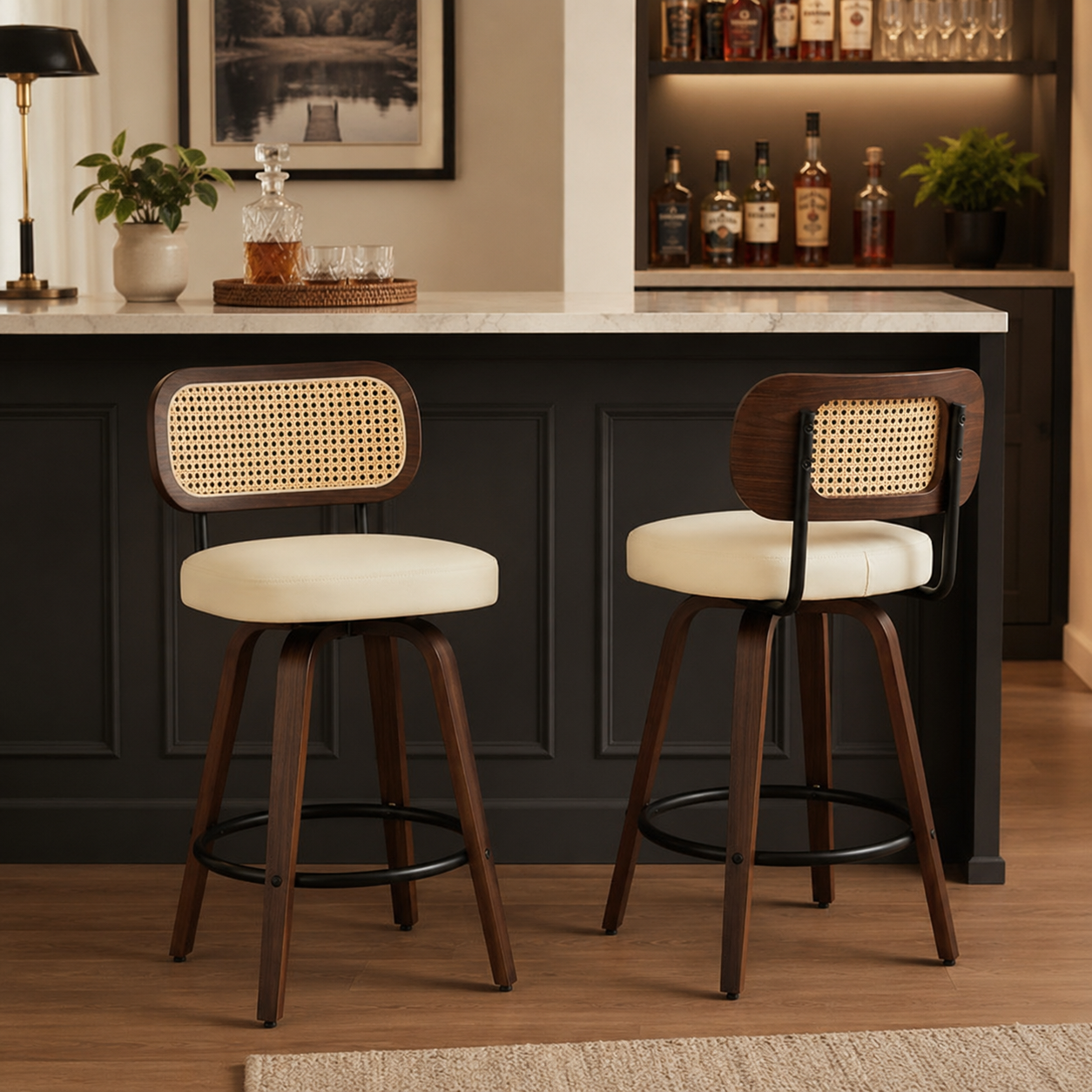 Medoc 26" Rattan Back Swivel Counter Height Upholstered Bar Stool Set of 2
