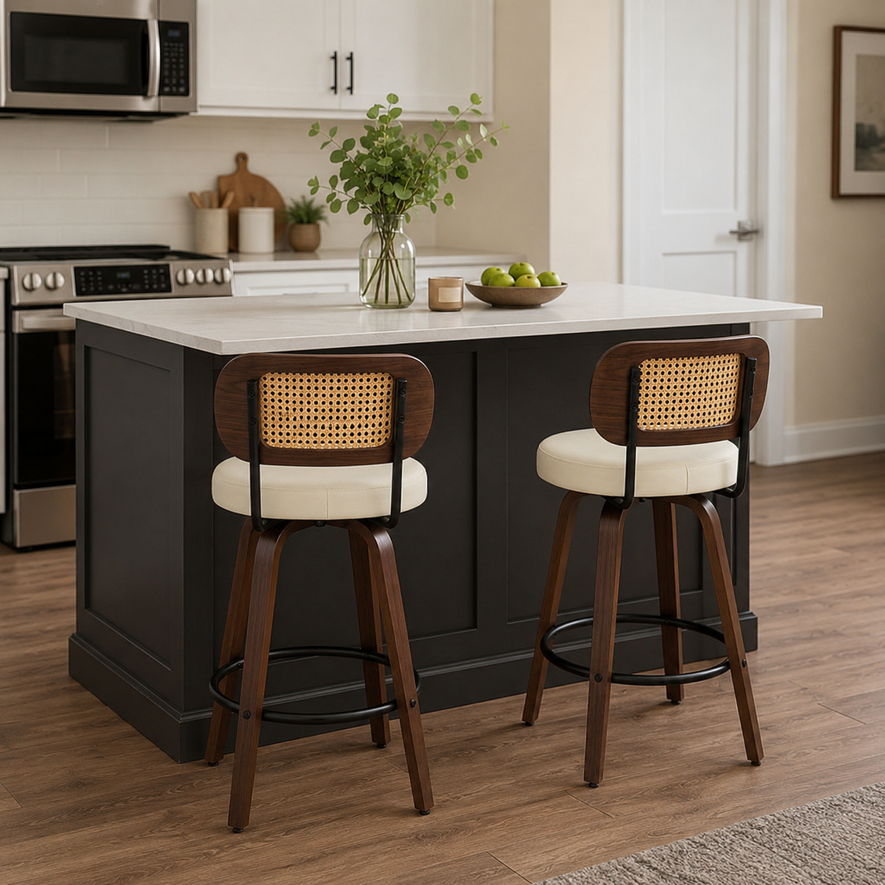 Medoc 26" Rattan Back Swivel Counter Height Upholstered Bar Stool Set of 2