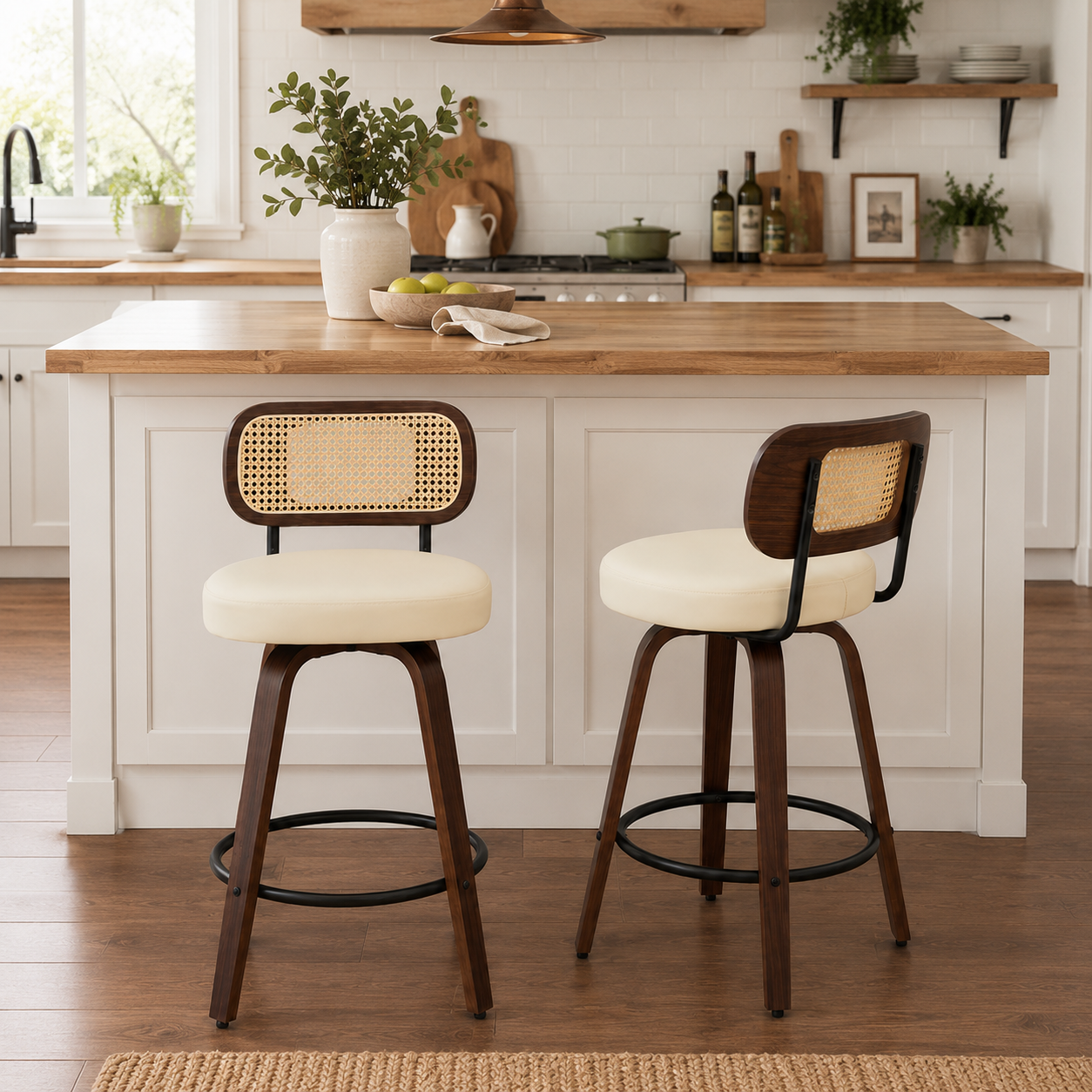 Medoc 26" Rattan Back Swivel Counter Height Upholstered Bar Stool Set of 2