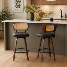 Medoc 26" Rattan Back Swivel Counter Height Upholstered Bar Stool Set of 2