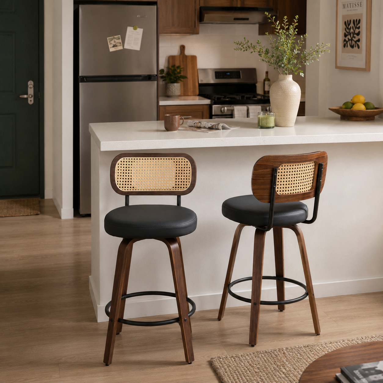 Medoc 26" Rattan Back Swivel Counter Height Upholstered Bar Stool Set of 2