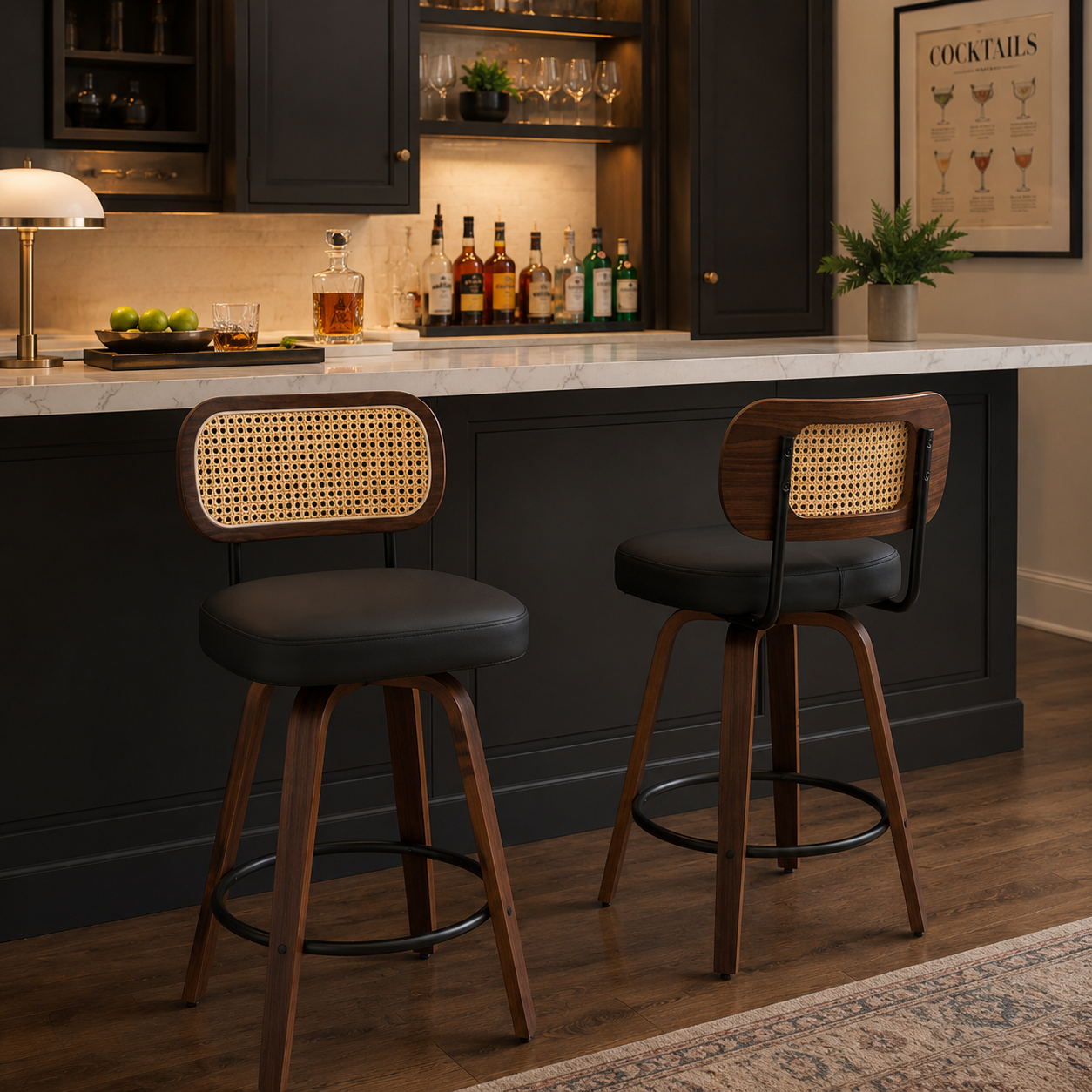 Medoc 26" Rattan Back Swivel Counter Height Upholstered Bar Stool Set of 2