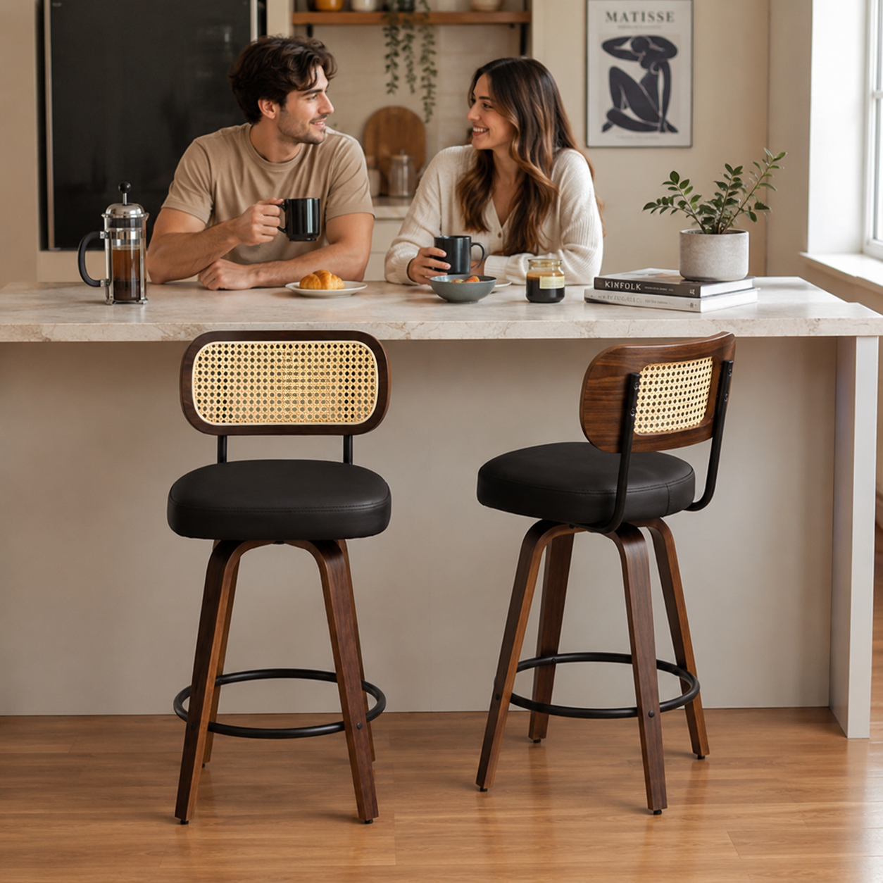 Medoc 26" Rattan Back Swivel Counter Height Upholstered Bar Stool Set of 2