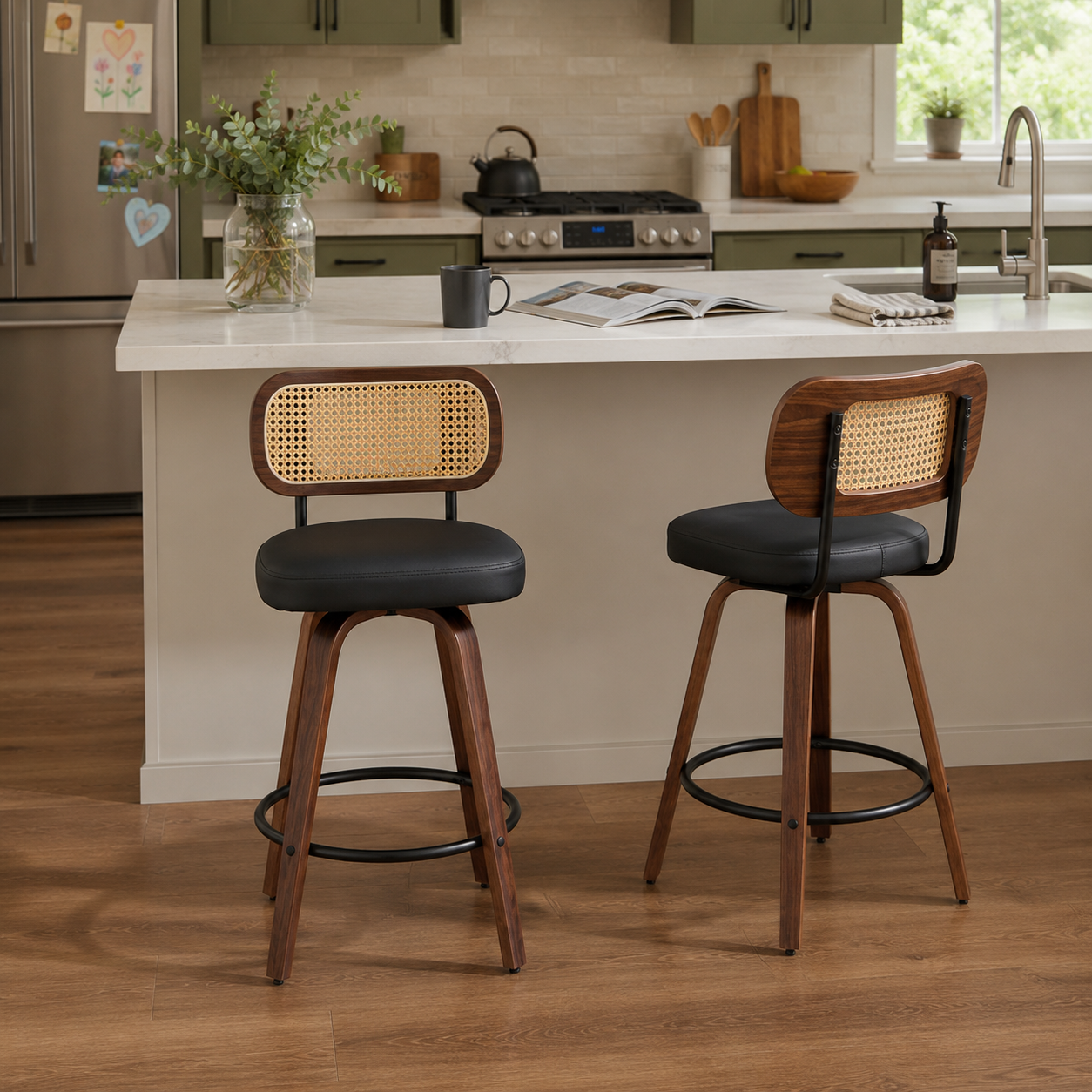 Medoc 26" Rattan Back Swivel Counter Height Upholstered Bar Stool Set of 2