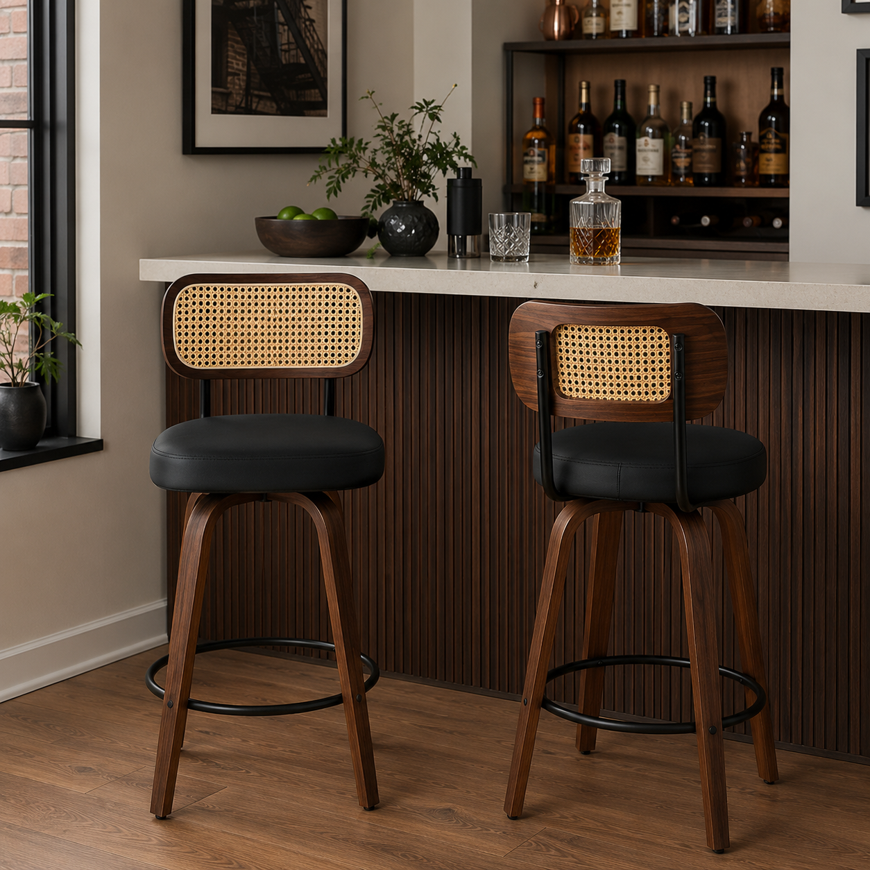Medoc 26" Rattan Back Swivel Counter Height Upholstered Bar Stool Set of 2